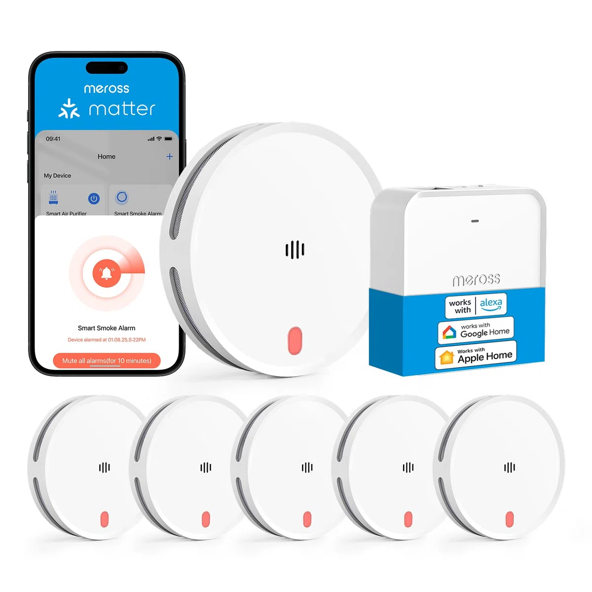 Meross Matter Rauchmelder vernetzt, Smart Feuermelder WLAN mit Dual-Lichtsensor, Brandmelder mit APP Warnmeldung, Kompatibel mit Home Assistant, HomeKit, Alexa, 33 mm, mit MSH450 Hub, 6 Stück