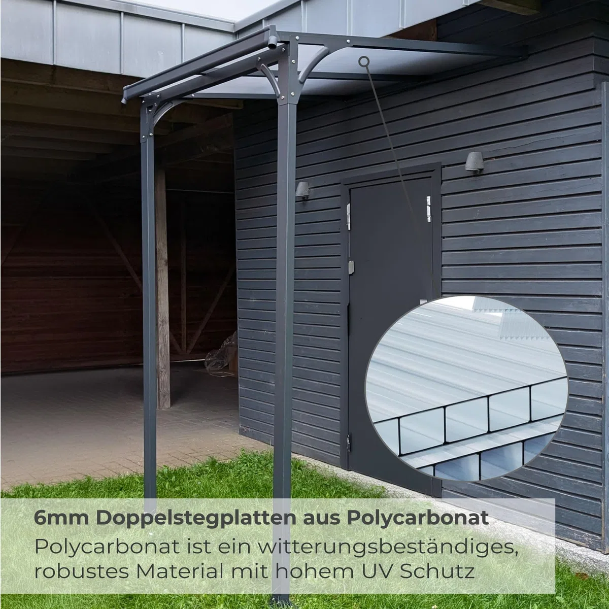 Haustürvordach Aluminium pulverbeschichtet transparentes Dach | Vordach Polycarbonat Überdachung Wasserführung 238 x 150 x 148/150 x 250/261 cm (H x B x T x H-hinten) anthrazit