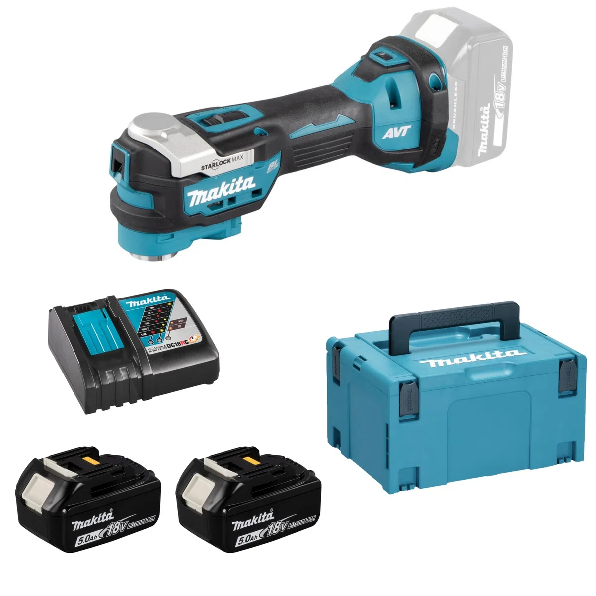 Mehrfacher Pontüren 18 -V Makita + Box + 2 Batt. BL1850B - DTM52RTJX1