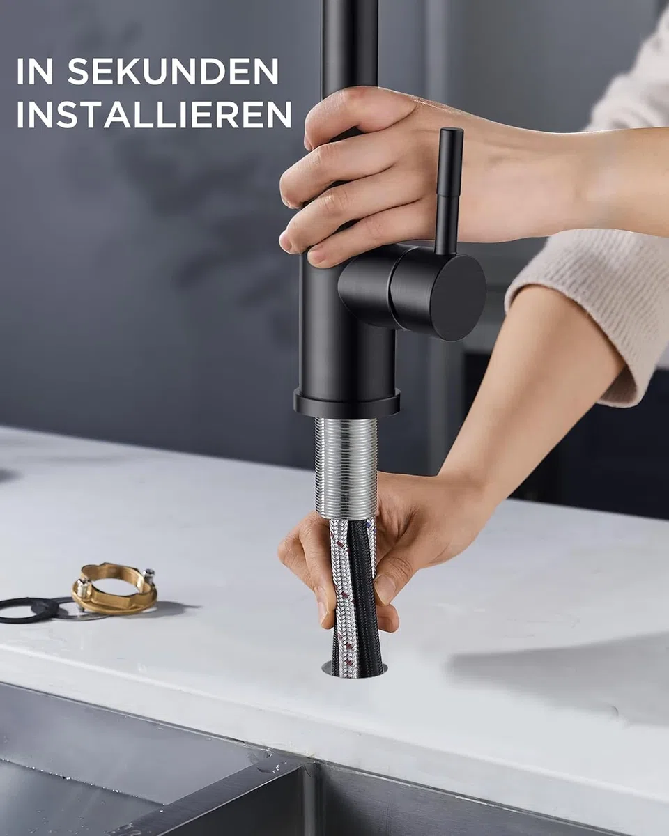 Faizee Home | Granitspüle 100x50 cm – 1,5 Becken mit Abtropffläche | beidseitig montierbar, kratzfest & hitzebeständig | inkl. Armatur & Siphon-Set (Aqua Twist, Schwarz Gesprenkelt)