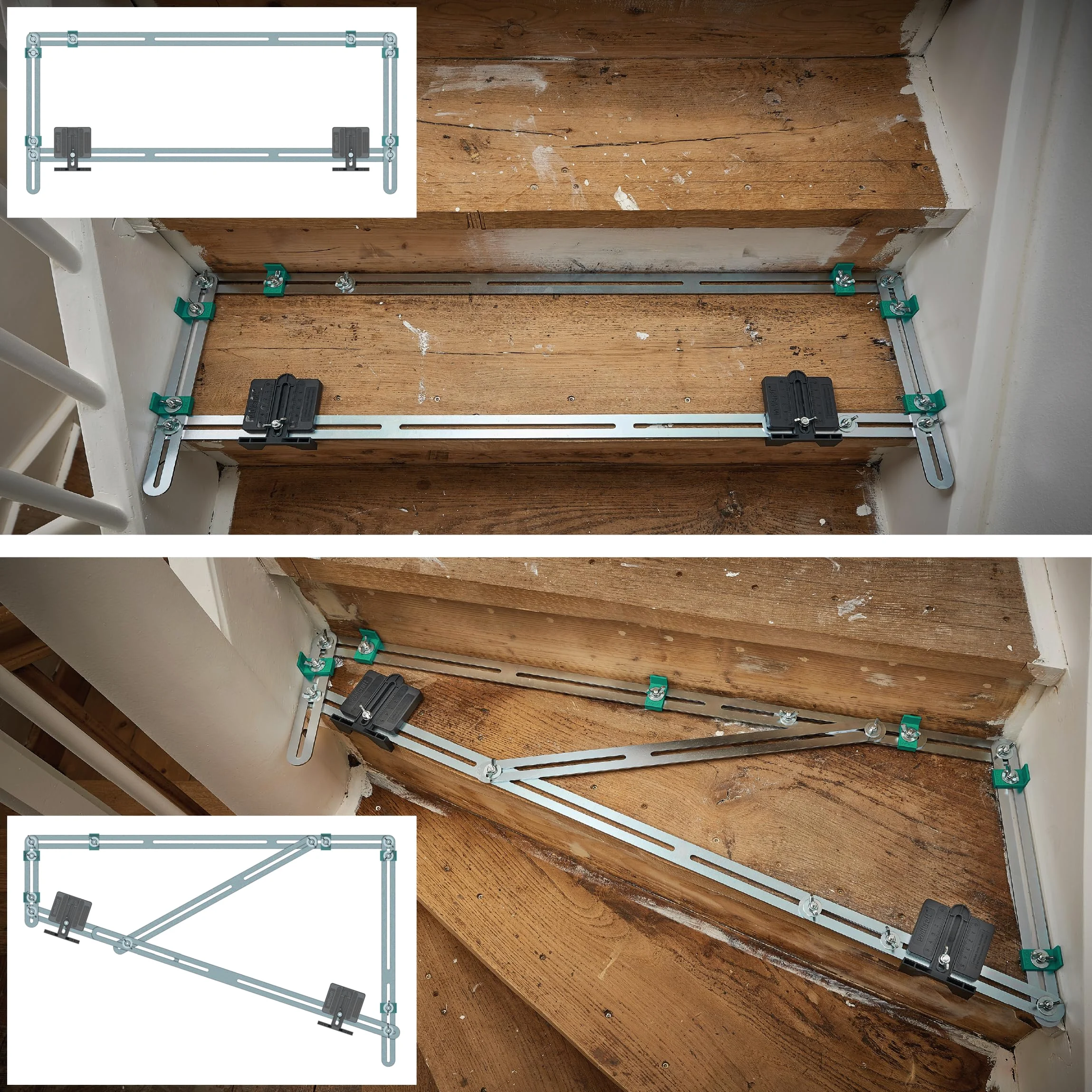 wolfcraft Treppenlehre – Winkelmesser & Schablone für Treppenbau | Treppenspinne & Winkelschmiege kombiniert – für Wendeltreppen, Dehnungsfugen & Materialzugaben – Metall, Made in EU - 5210000