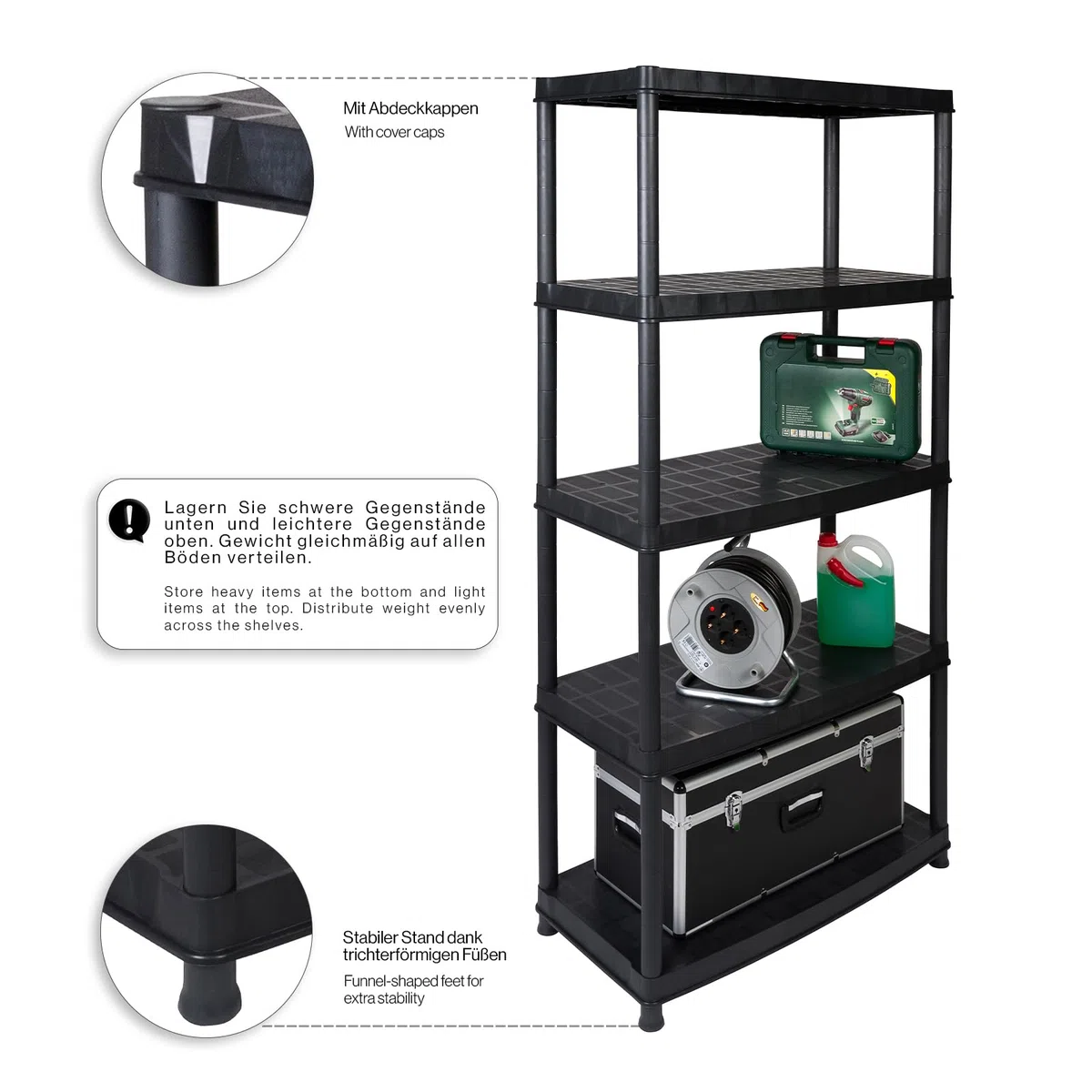 Kreher 2 Stück XXL Kunststoffregal, Schwerlastregal, Kellerregal 5 Böden, Schwarz, max. 350 kg Traglast pro Regal. TÜV Rheinland