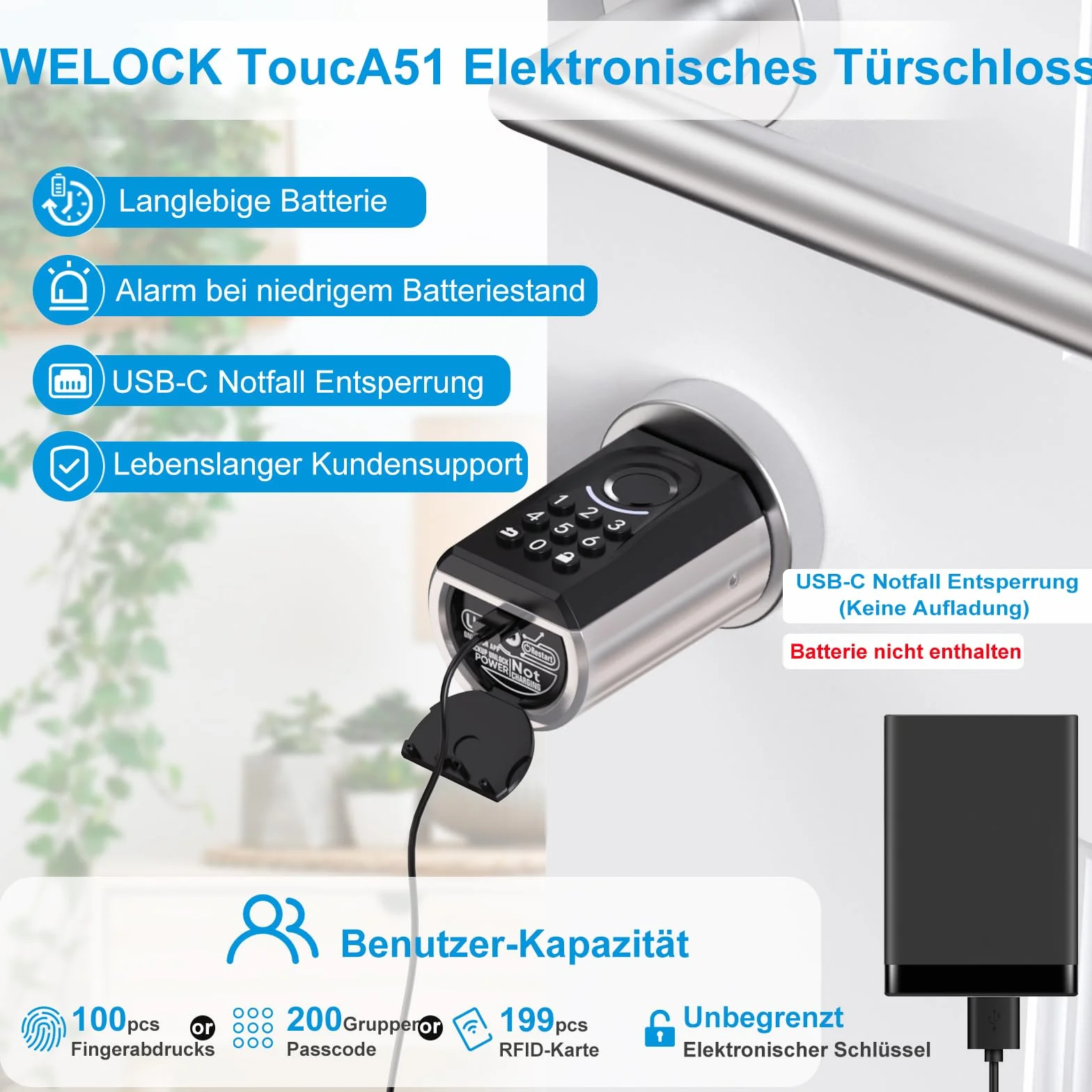 WELOCK ToucA51 Türschloss Fingerabdruck, Passcode Fingerabdruck Schloss Haustür, mit RFID-Karte App, Elektronische Zahlencode Türschloss Verstellbarer Schließzylinder für 30-70mm Tür