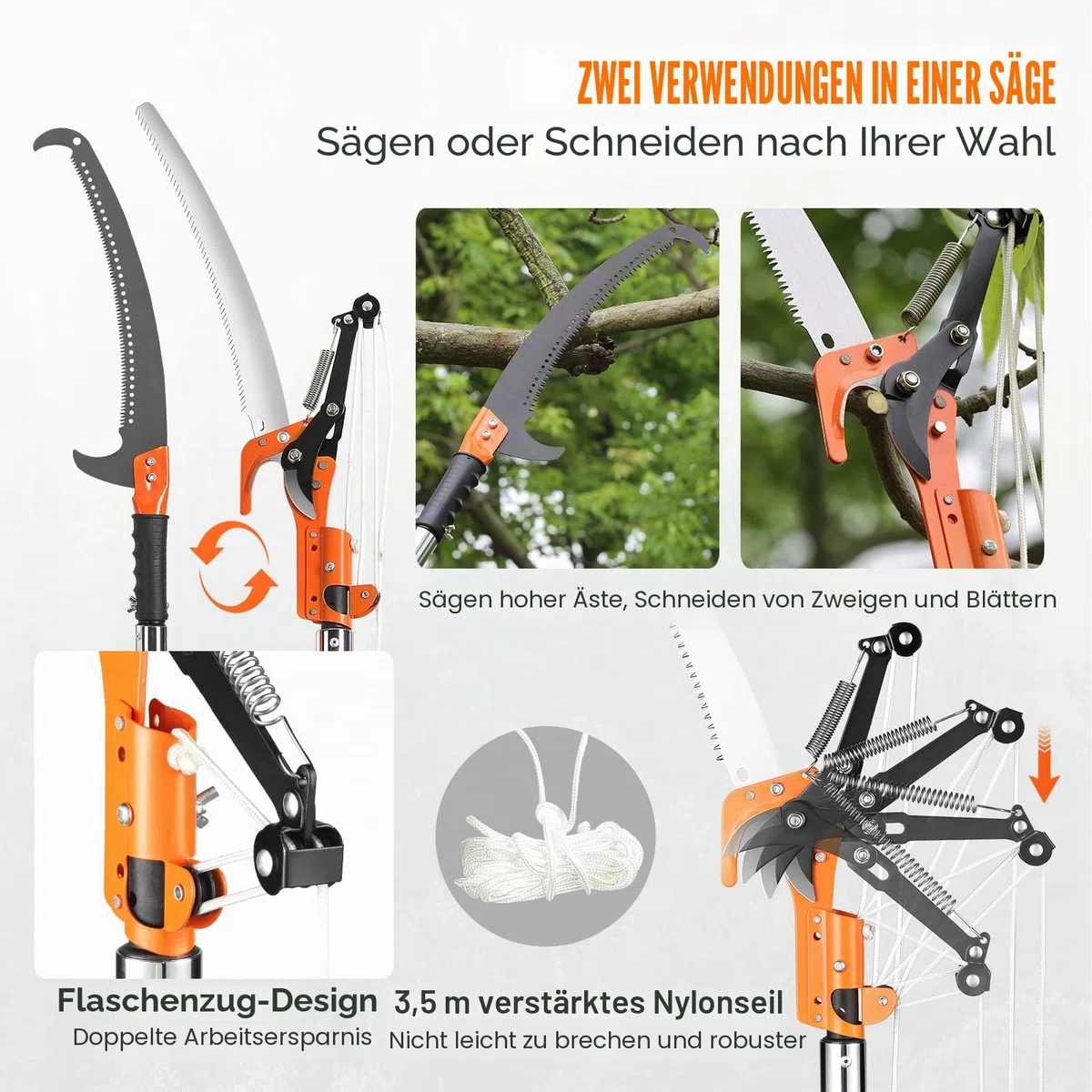 VEVOR Manuelle Stangensäge 8 m, scharfe Stahlklinge und Schere 2,2–8,2 m ausziehbare Baumschere, hohe Äste, Astschneider mit leichten 8 Fiberglasgriffen,zum Beschneiden von Handflächen und Sträuchern