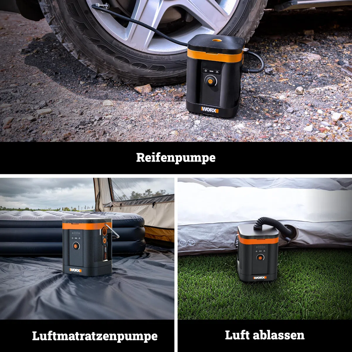 WORX WX098.9 Akku-Kompressor 20V, Multifunktions-Luftpumpe mit Hochdruck & Hochvolumen, Digitaldisplay, LED-Licht, max. 10,3 bar / 150 PSI, PowerShare kompatibel, ohne Akku & Ladegerät