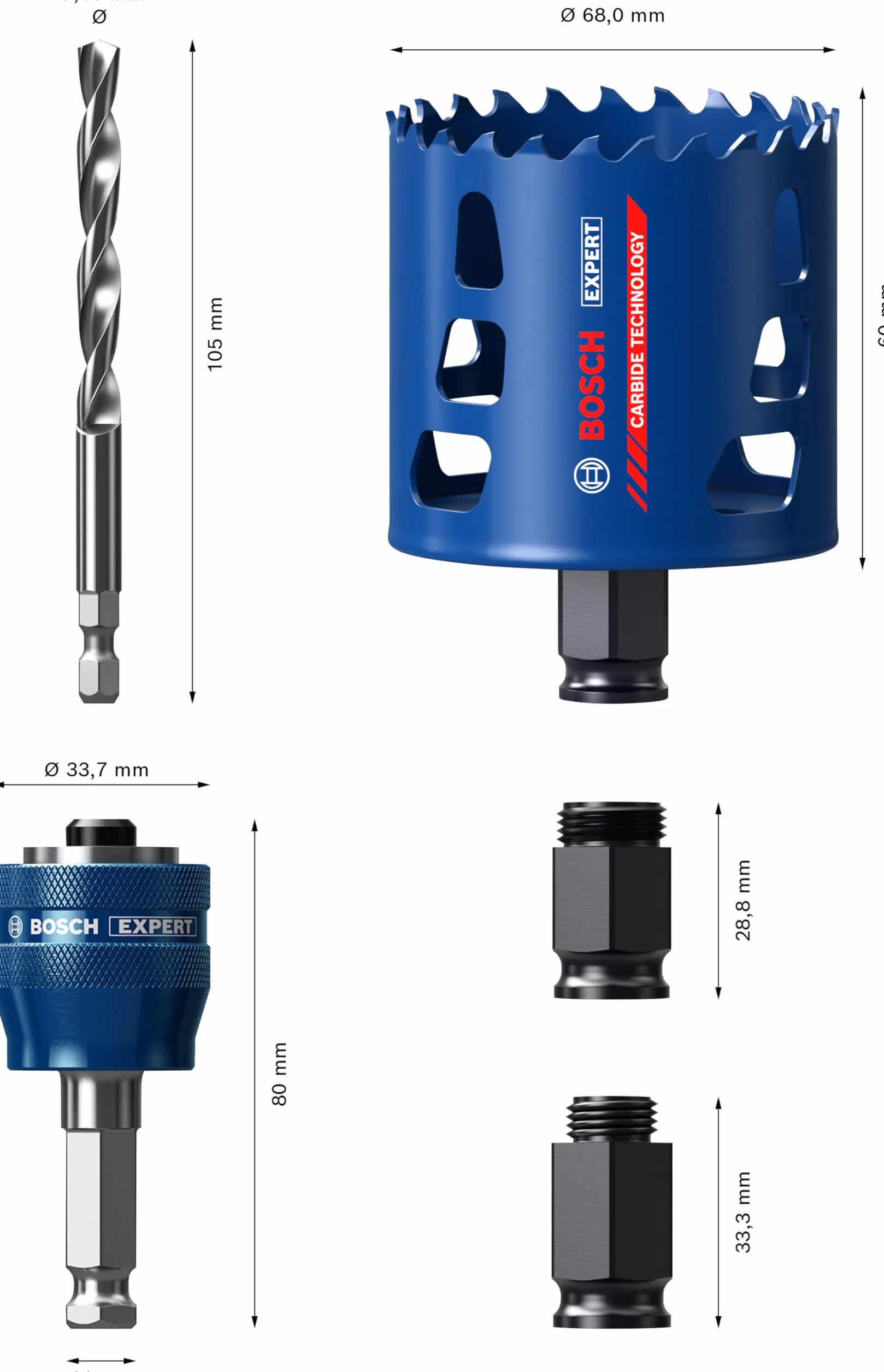 Bosch 1x EXPERT Tough Material Lochsäge Starter Set (für Holz mit Metall, Ziegelstein, Ø 68 mm, Professional Zubehör Schlagbohrer/Schrauber, Schraubendreher)