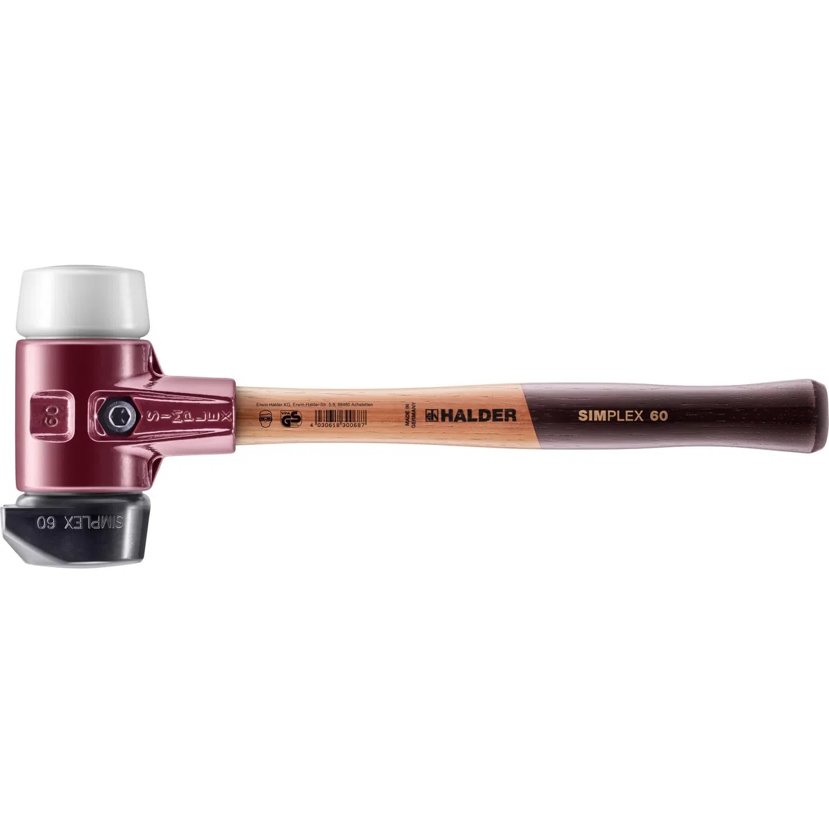 SIMPLEX-Schonhammer, Gummikomposition, mit Standfuß/Superplastik; mit Tempergussgehäuse und hochwertigem Holzstiel | D=60 mm | 3027.260