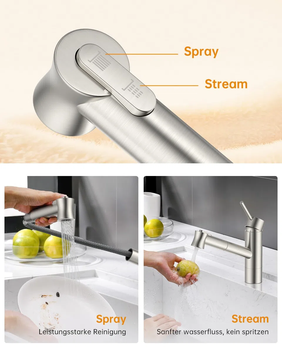 DAYONE Niederdruck Wasserhahn Küche, Niederdruck Küchenarmatur mit Ausziehbarer Brause, 3 Anschlüsse, 2 Strahlarten Spültischarmatur, Mischbatterie Küche, Ausziehbar Küche Mischbatterie für Boiler