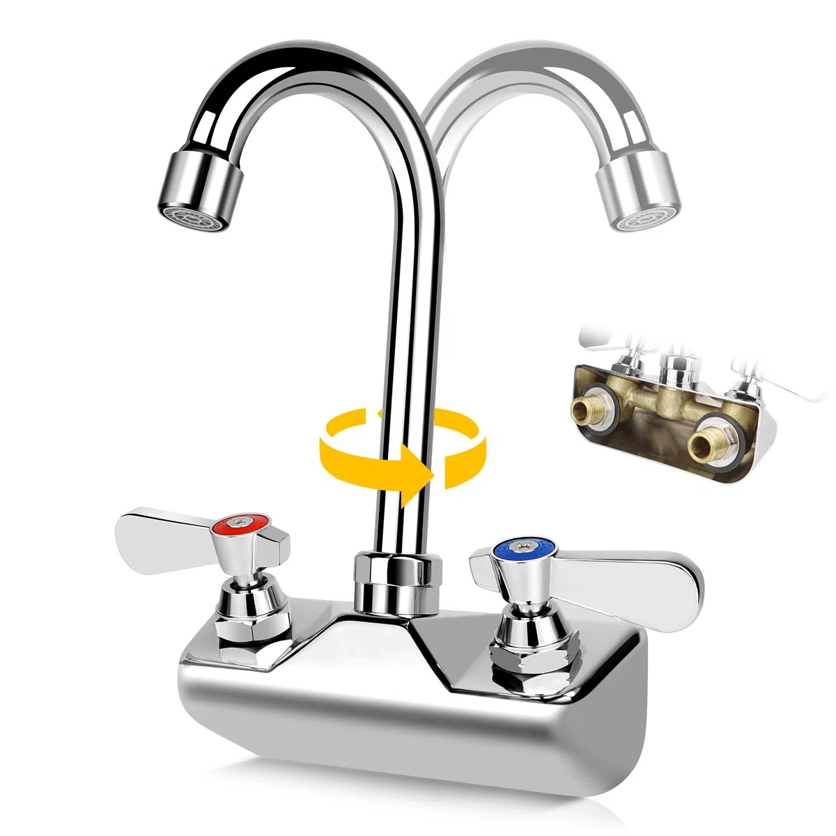 10.2 cm (4 Zoll) zentrale kommerzielle Spülbeckenarmatur, Wandmontage, Küchenarmatur, 1.27 cm NPT-Außeneinlass, mit 8.9 cm Schwanenhals-Auslauf und zwei Hebelgriffen, kein Blei