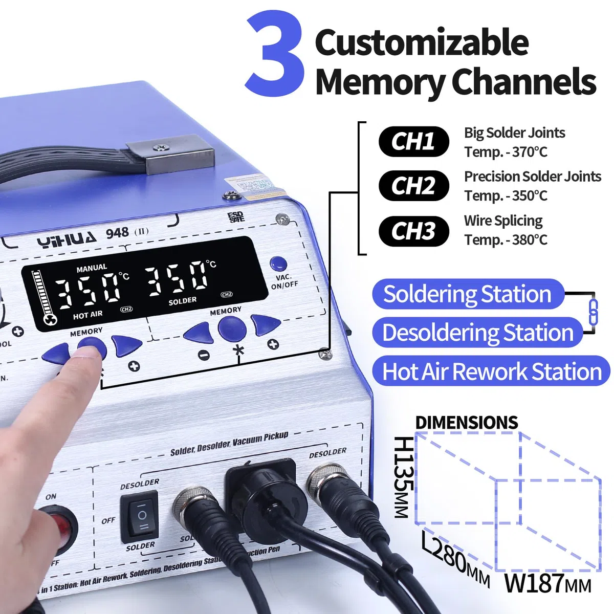 YIHUA 948-II Lötstation Heißluft Station Entlötstation Saugstift 4-IN-1 mit 60W lötkolben, entlötpistole, heißluftpistole, mit 30 Zubehörteilen(EU PLUG)