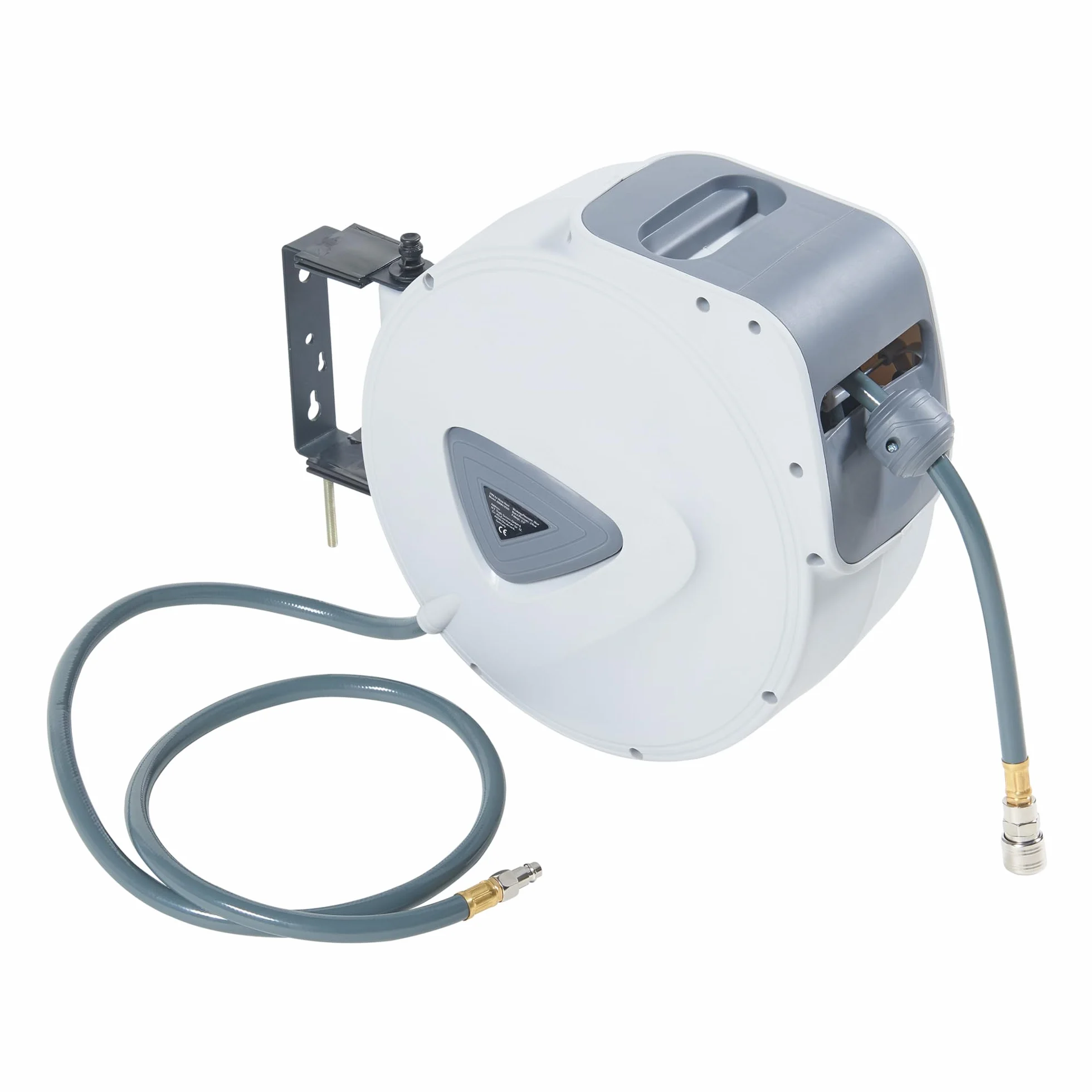 pro.tec Druckluftschlauchtrommel Nassau 180° Schwenkbarkeit Druckluftschlauch 30m + 2m Schlauchtrommel Weiß/Grau Schlauchaufroller zur Wandmontage 1/4 Anschluss automatisch
