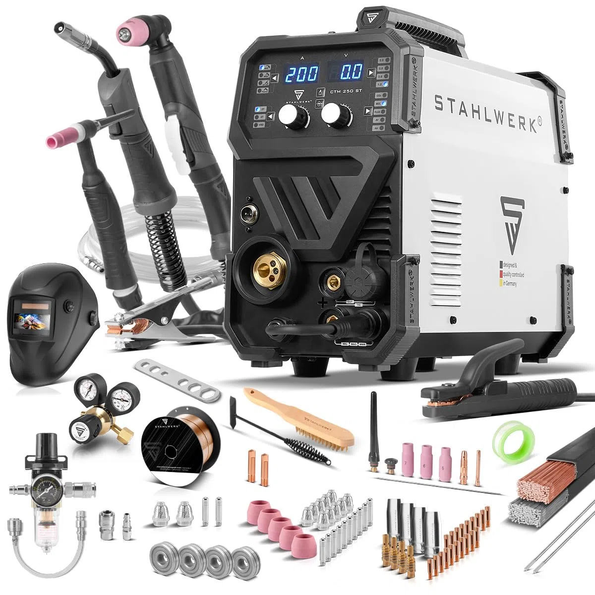 STAHLWERK Schutzgasschweißgerät 4-in-1 Kombi CTM-250 ST – WIG, MIG/MAG, MMA (E-Hand/ARC), FLUX (Fülldraht) bis 200 A, CUT (Plasma) bis 45 A, Schneidleistung bis 14 mm, Parameter einstellbar, IGBT