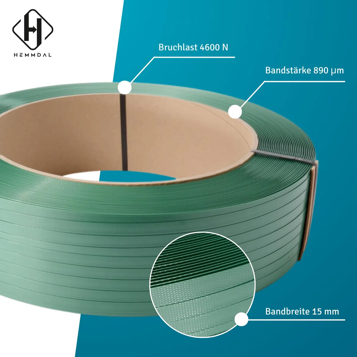 HEMMDAL Umreifungsband aus PET | 15 mm x 1.300 m | 0,89 mm Stärke | 4.600 N Bruchlast | 100% recyclingfähig | grün | gewaffelt/geprägt | für alle Umreifungsgeräte | Made in Germany