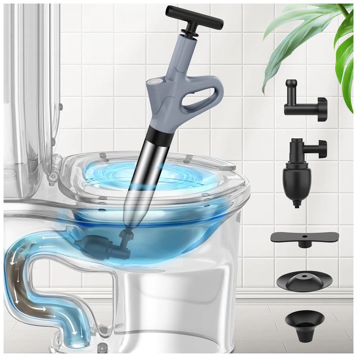 Pömpel Toilette, Rohrreiniger Druckluft mit Luftdruckanzeige, Pressluft Rohrreiniger mit 4 Saugnäpfen für Waschbecken, Toiletten, Badezimmer, Dusche, Küche