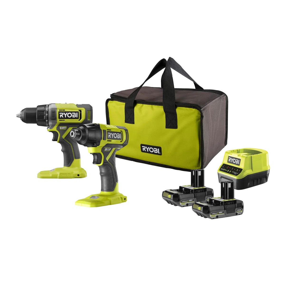Ryobi - Duo 18 V One+ Bohrmaschine + Schlagschrauber, inkl. 2 Akkus 2 Ah und Ladegerät, in Transporttasche – RCK182G-220S