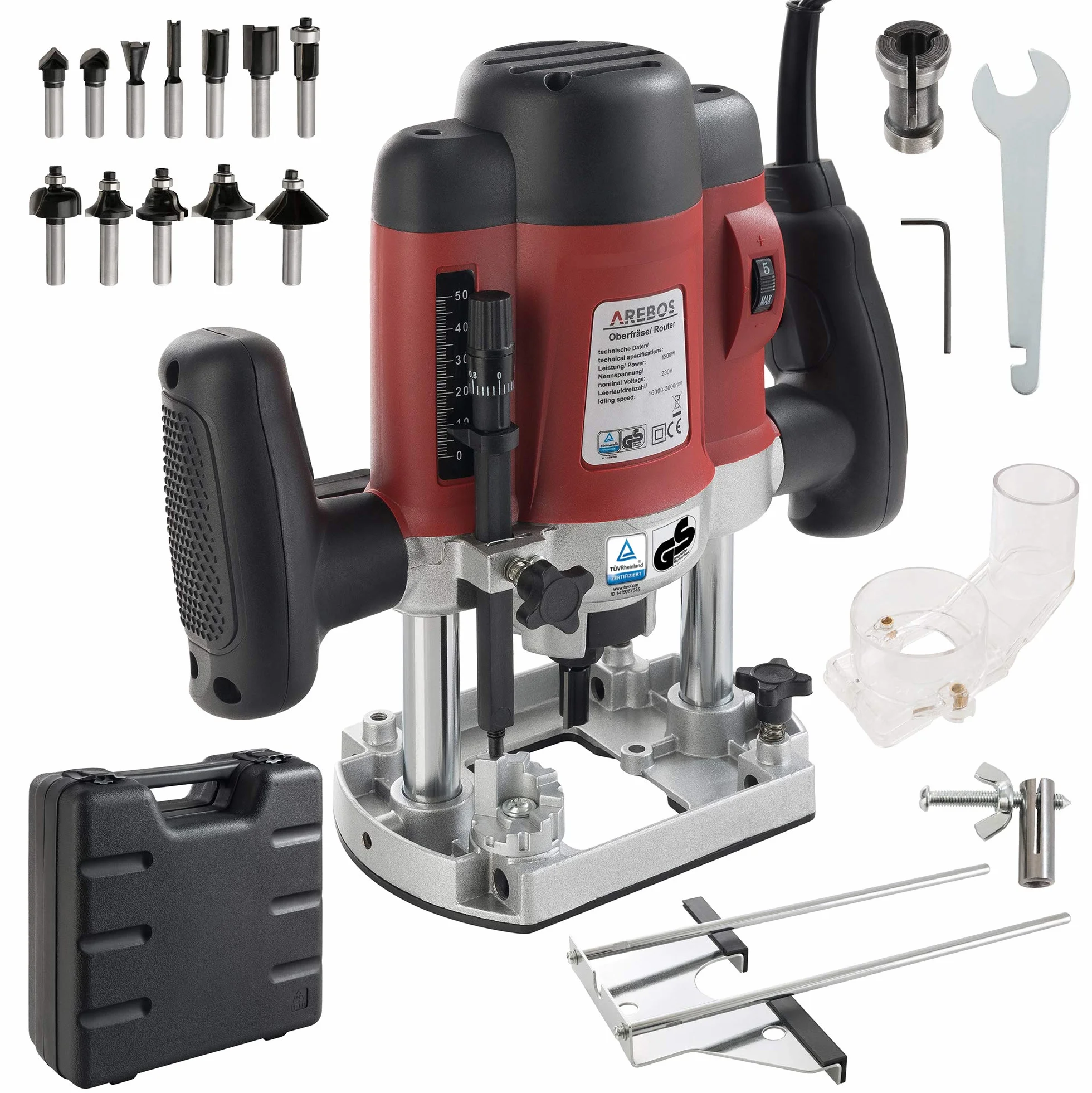 Arebos Oberfräse mit Koffer (1200 W, Ø 6 und 8 mm, Drehzahlregelung, Parallelanschlag, Reduzierstück, Kopierhülse, Absaugadapter, inkl. Zubehör) inkl. Fräser Set 12-teilig
