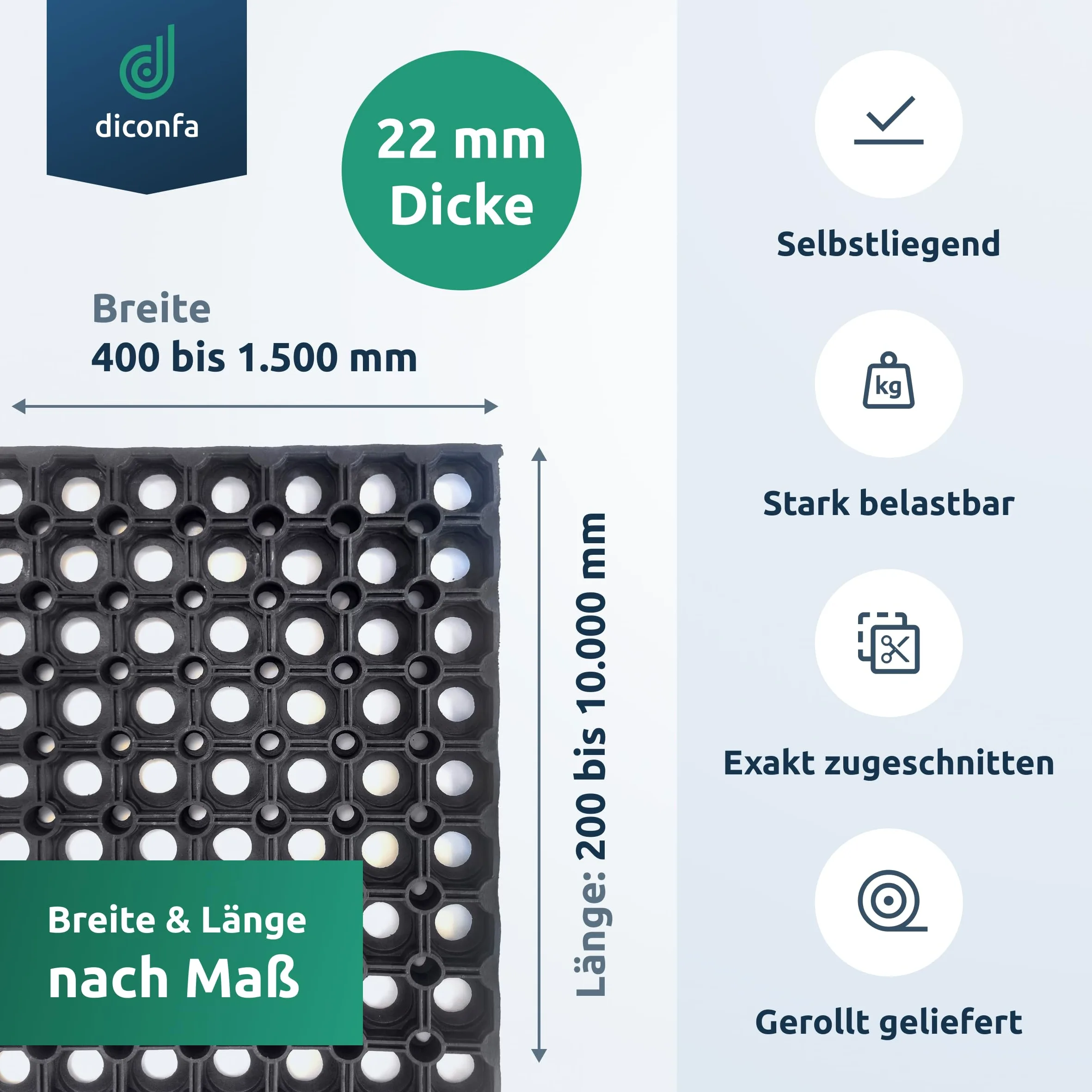 diconfa Ringgummimatte NACH MAß - BREITE: 400mm bis 1500mm - LÄNGE: 0,2m bis 10m ==> 1m x 0,96m (100cm x 96cm) - Schmutzfangmatte rutschfest Paddockmatte Gummimatte Lochmatte Wabenmatte