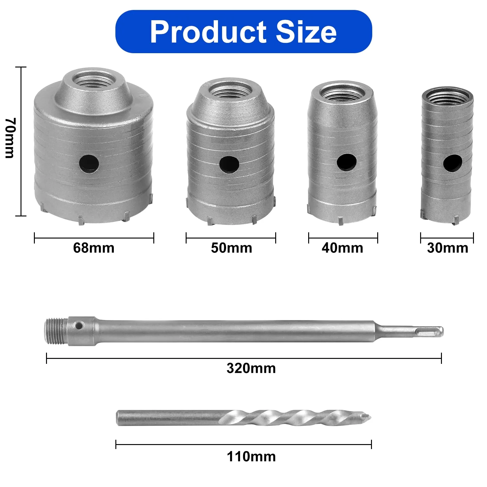 Trockenbohrkronen-Set für Beton – 6-tlg. Set Ø 30/40 / 50 / 68mm mit 320mm Rundschaft & SDS-Plus Adapter – Hohlbohrkronen für Mauerwerk, Ziegel, Zement, Stein, Fliesen & Klimaanlagenmonta