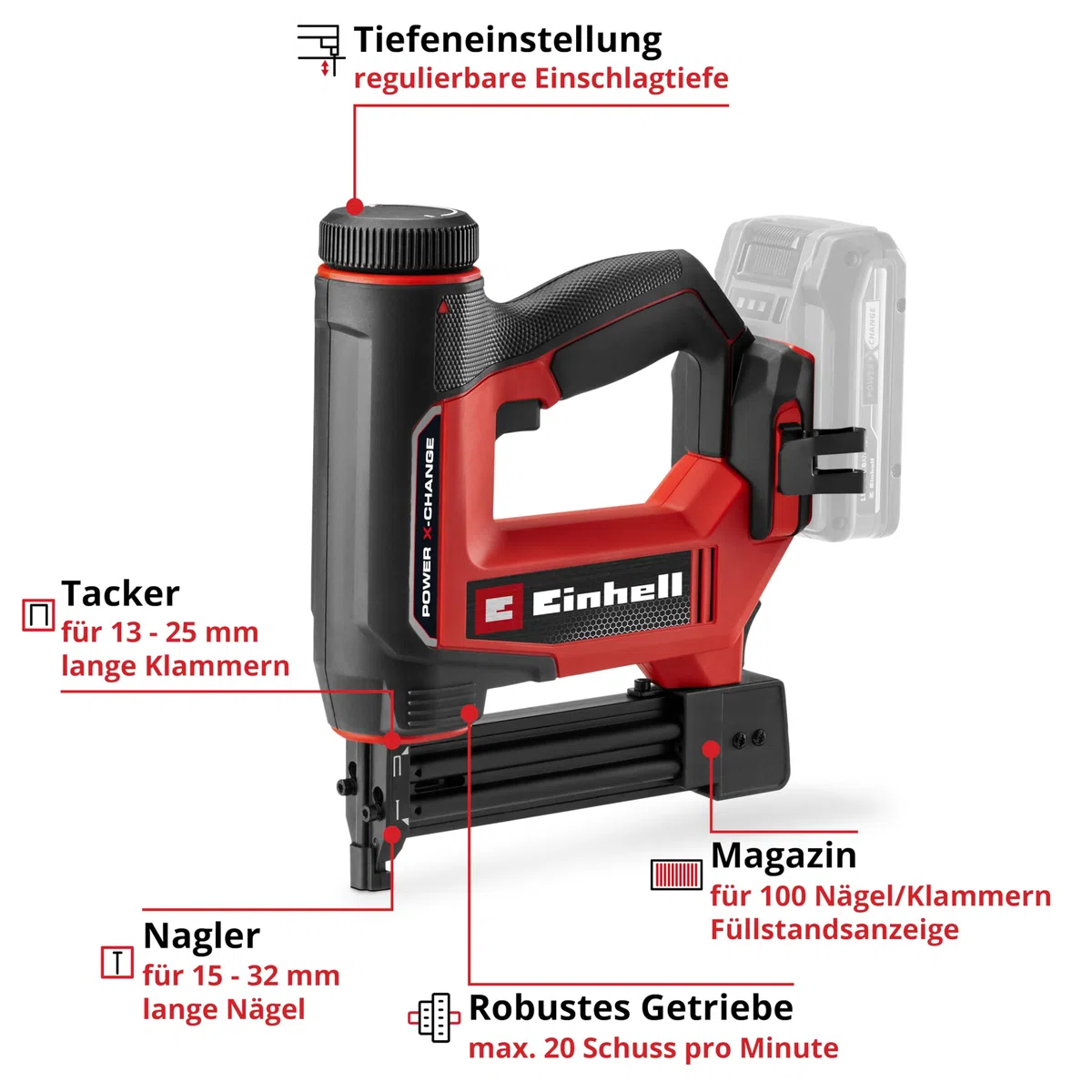 Einhell Akku-Nagler / -Tacker TE-CN 18/32 Li - Solo Power X-Change (18 V, 20 Schläge/min, max. 25 mm Klammern, max. 32 mm Nägel, inkl. je 300 Klammern & Nägel, ohne Akku)