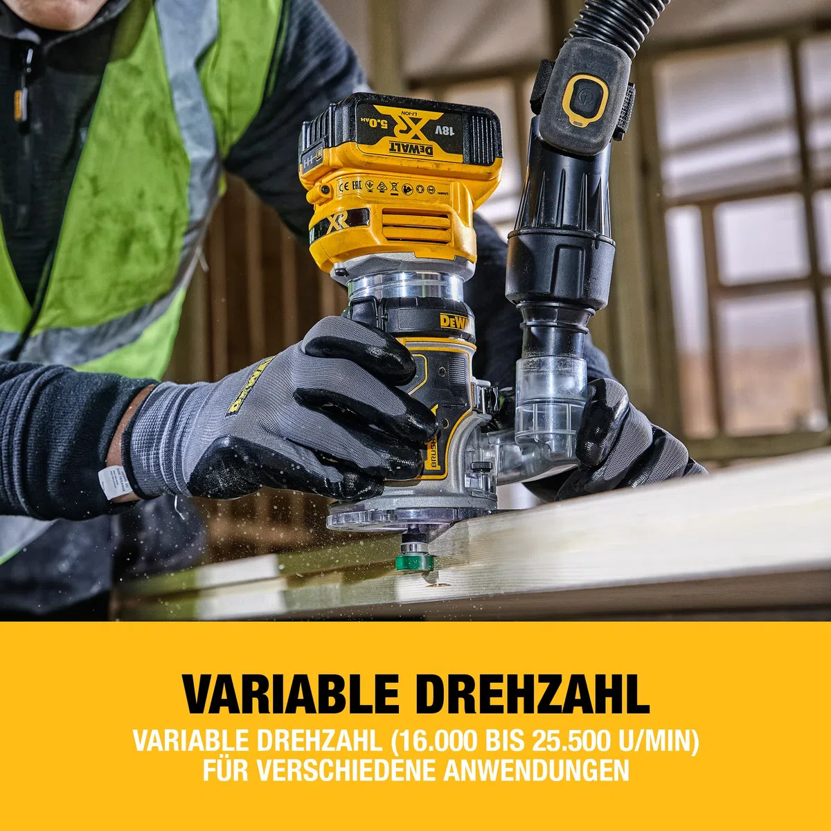 DEWALT 18V Akku-Kombifräse (einsetzbar als Ober- oder Kantenfräse, bürstenloser Motor, 6-8 mm Werkzeugaufnahme, max. Fräs-ø: 36 mm, Fräskorbhub: 55 mm, Lieferung ohne Akku & Ladegerät), DCW604NT-XJ