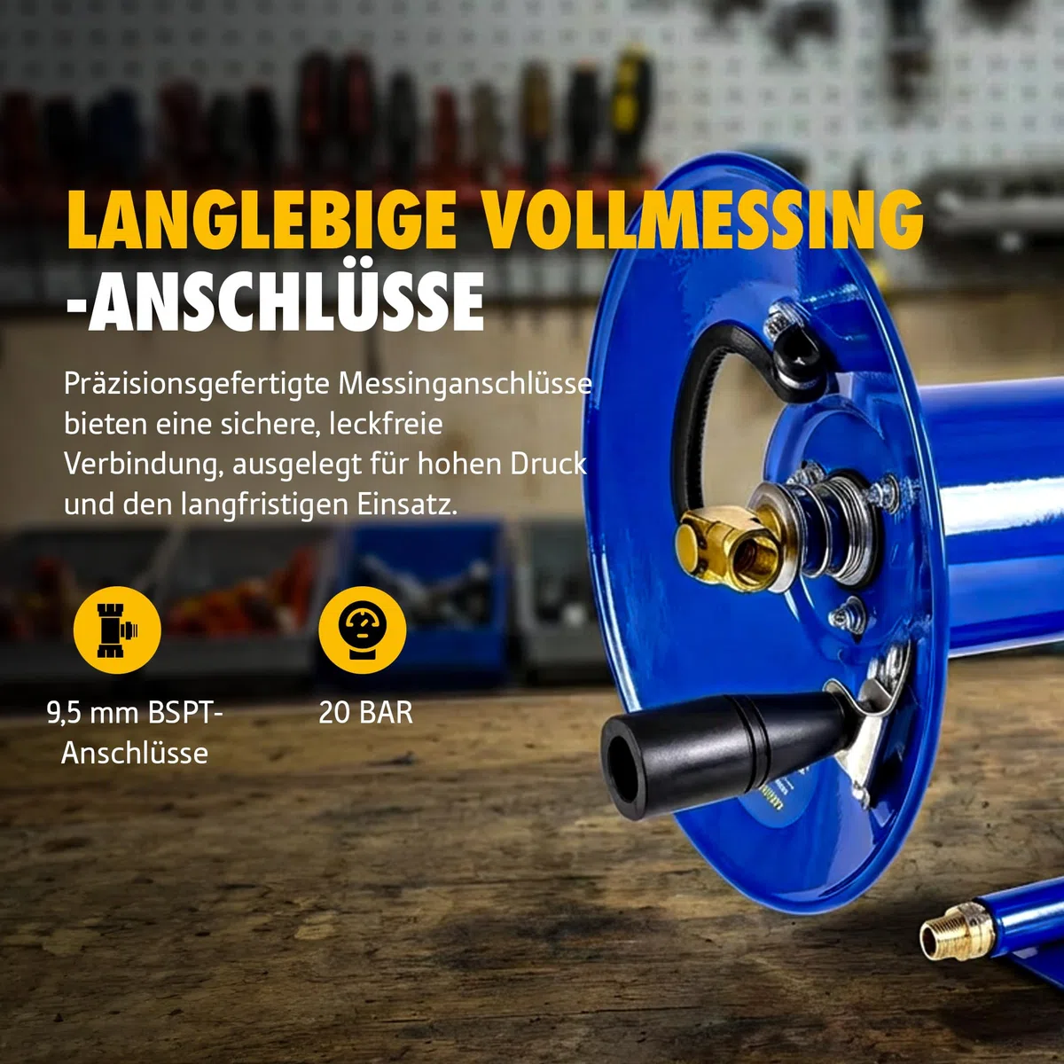 Goodyear Druckluft-Schlauchaufroller mit Handkurbel 30 m x 9,5 mm – Manuelle Schlauchtrommel aus Stahl, max. 20 Bar, Heavy Duty (Schlauch nicht enthalten)