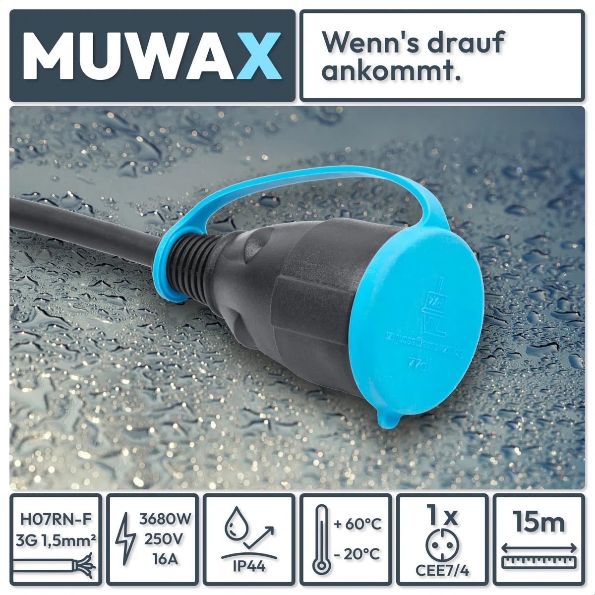 15m Gummi-Verlängerungskabel H07RN-F 3G1,5mm² für Garten, Baustelle, Werkstatt, Industrie, dauerhaften Einsatz im Außenbereich und Starke mechanische Beanspruchung, IP44, schwarz