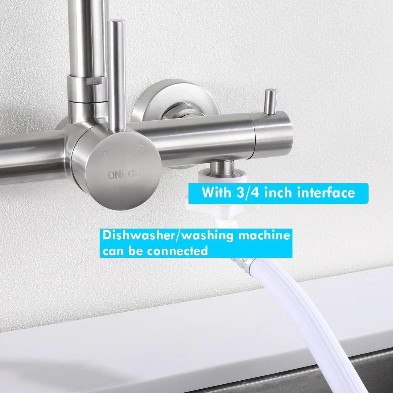 ONECE Küchenarmatur in Wand mit 3/4 Zoll Anschluss für Geschirrspüler/Waschmaschine, Wandarmatur mit 2 Strahlarten, Wasserhahn Küche Wandmontage Mischbatterie, Matt