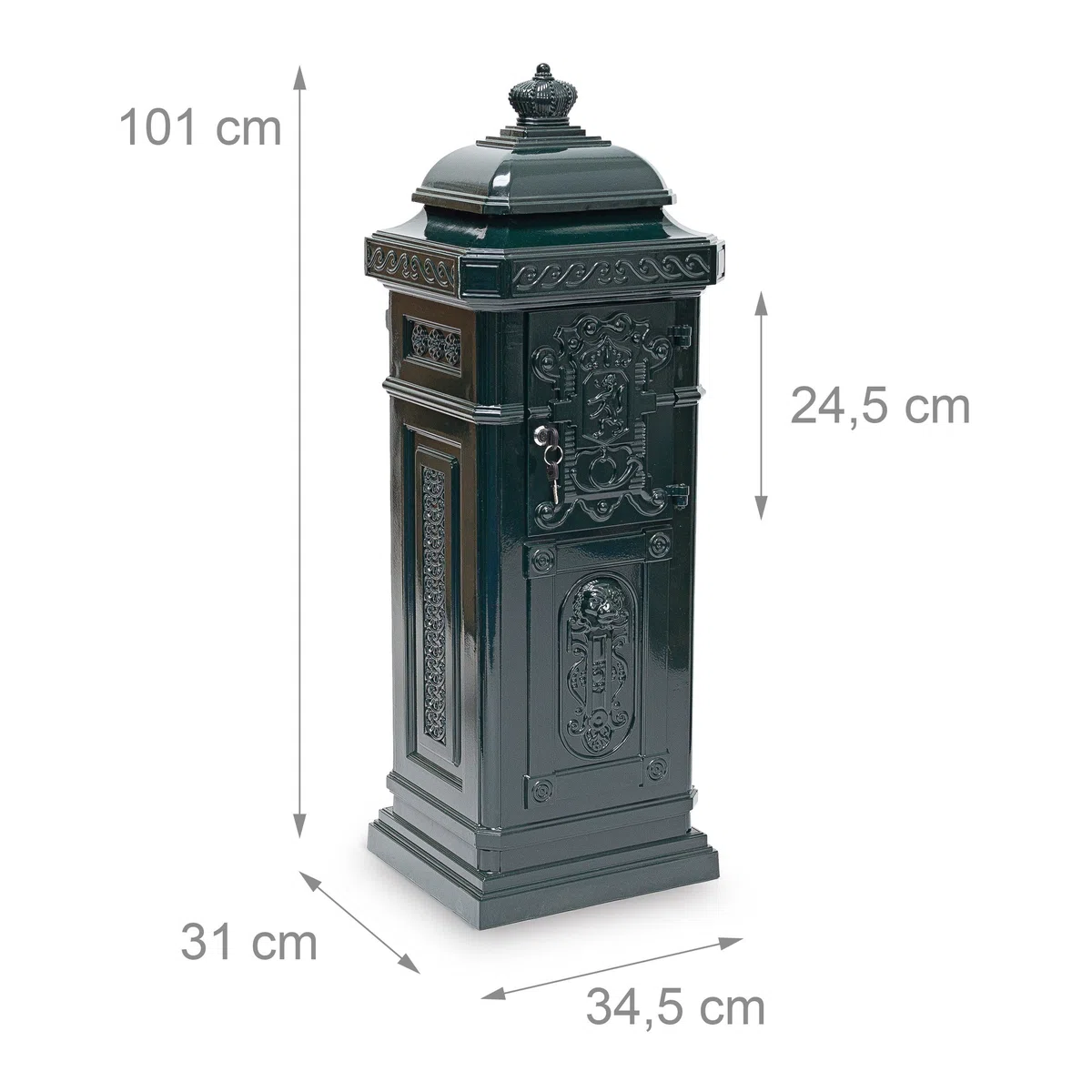 Relaxdays Standbriefkasten Antik, britisches Design, rostfreies Aluminium, HBT: 101x34,5x31 cm, Säulenbriefkasten, grün