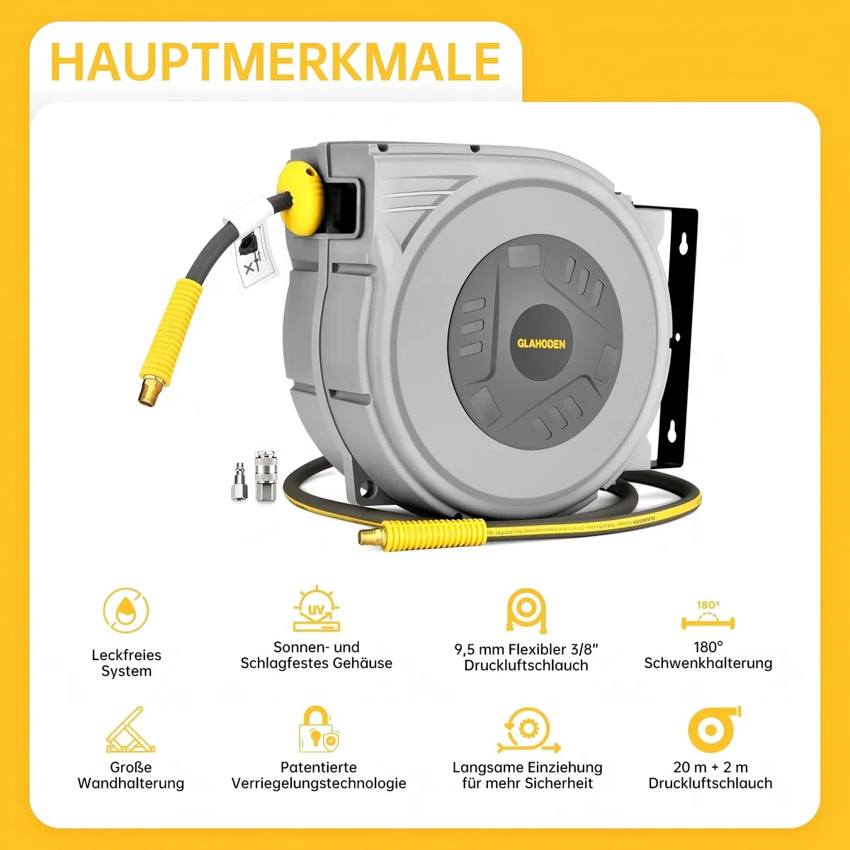 GLAHODEN Druckluftschlauchtrommel, 20m+2m, Luftkompressor-Schlauchtrommel mit 9.5mm Druckluft Schlauch Und 1/4 Zoll Anschluss(12 Bar max)