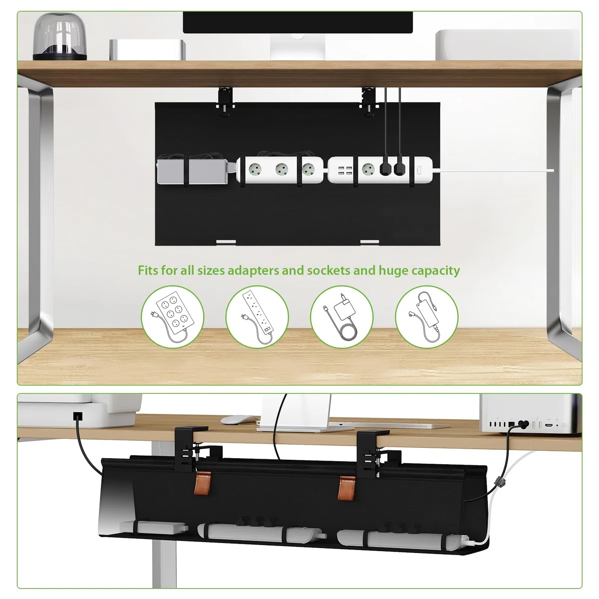 KEEGH Kabelkanal Schreibtisch Ohne Bohren, 76cm Unter dem Kabelmanagement Schreibtisch - Klemmen/Schraubmontage, Stoff-Kabelkanal für Gaming-PCs und Kabelverstecker für Büro & Zuhause, Schwarz