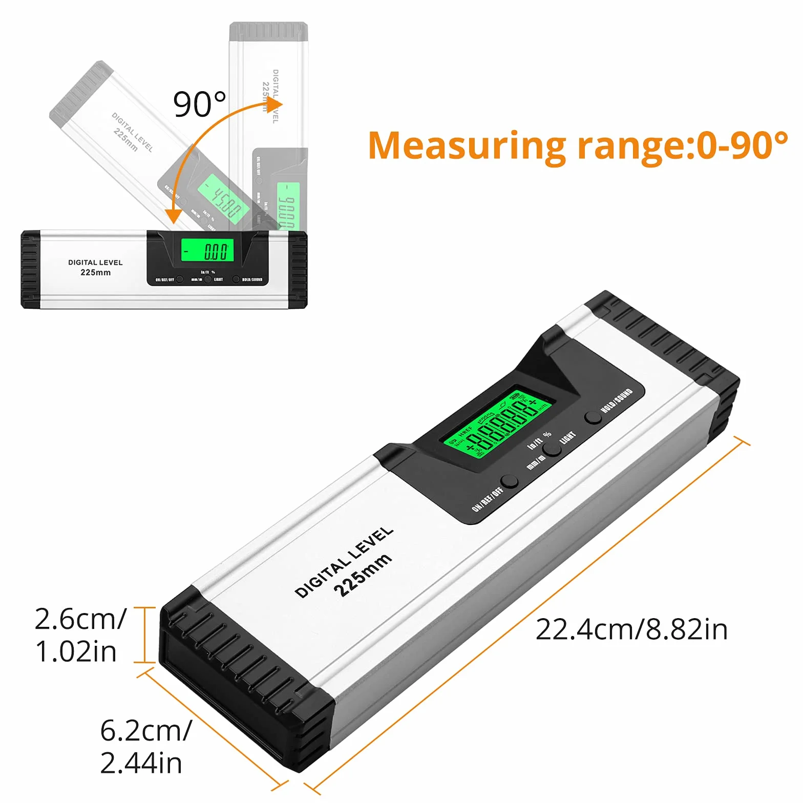 Neoteck Wasserwaage Digitaler LCD Wasserwaage Magnetisch 225mm Aluminium Winkelmesser mit LCD-Display, Audioanzeige, 4 Einstellmodi Neigungsmesser