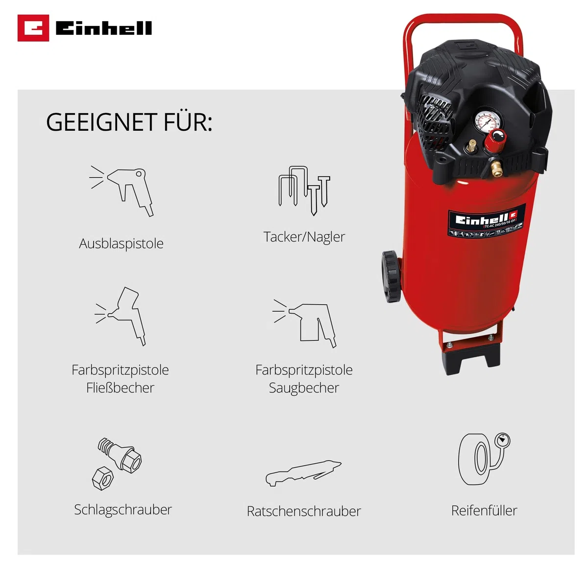 Einhell Kompressor TC-AC 240/50/10 OF (1500 W., max. 10 bar, 50 l-Tank, 240 l/min Ansaugleistung, Motordrehzahl 18000 min^-1, Druckminderer, Manometer, ölfrei)