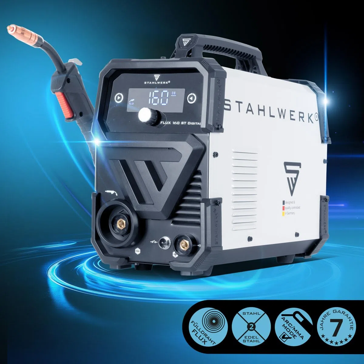 STAHLWERK Schweißgerät FLUX 160 ST Digital – Vollausstattung – 3-in-1 Kombi mit 160 A, Fülldrahtschweißen ohne Schutzgas, MMA (E-Hand/ARC), Lift-TIG (DC), synergischer Drahtvorschub, LED-Licht