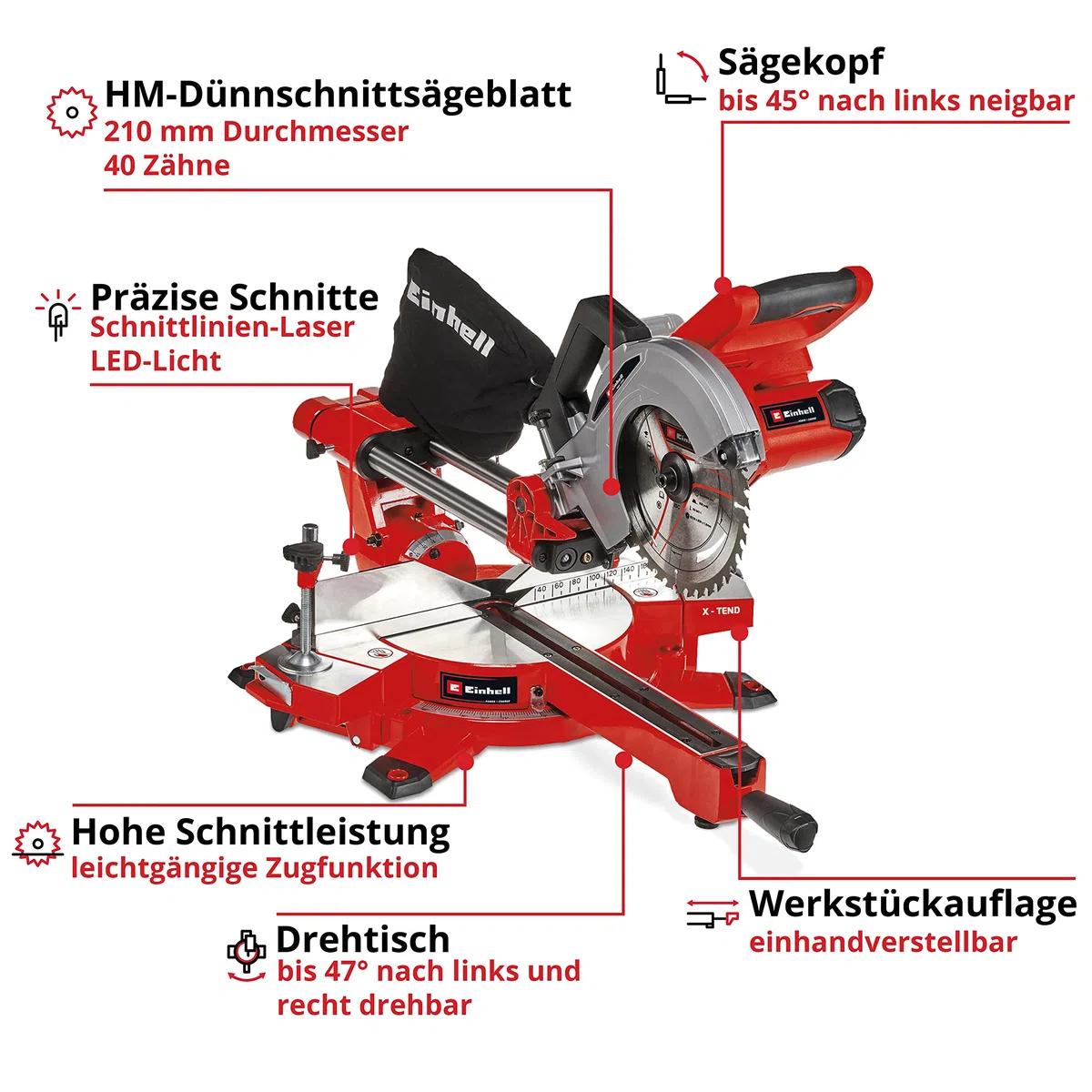 Einhell Akku-Zug-Kapp-Gehrungssäge TE-SM 36/210 Li-Solo Power X-Change (36 V, max. 65 mm x 310 mm Schnitttiefe/-breite, Ø 210 mm Sägeblatt, neigbarer Sägekopf, Laser, ohne Akku)