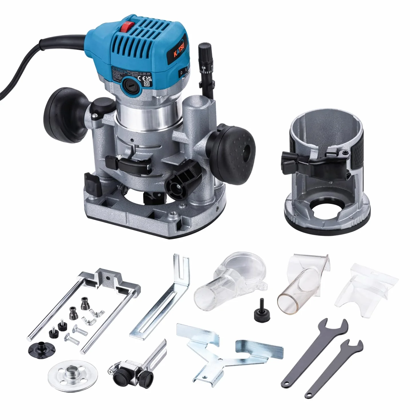 KATSU Tools Elektrohobel/Trimmer Holz 710 W – Soft-Start, Eintauchbasis, Aluminiumgehäuse, 3 Spannzangen (1/4″, 6 mm, 8 mm) Heimwerken