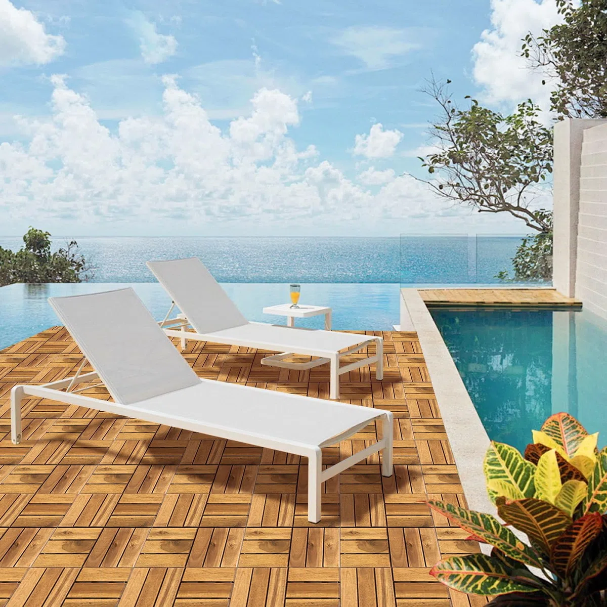Holzfliesen terrassenfliesen, Akazienholz balkonfliesen 30x30 cm mit Klicksystem, 12 Latten Fliese 11 Stück (1 m²), wetterfester Outdoor Bodenbelag für Balkon und Terrasse