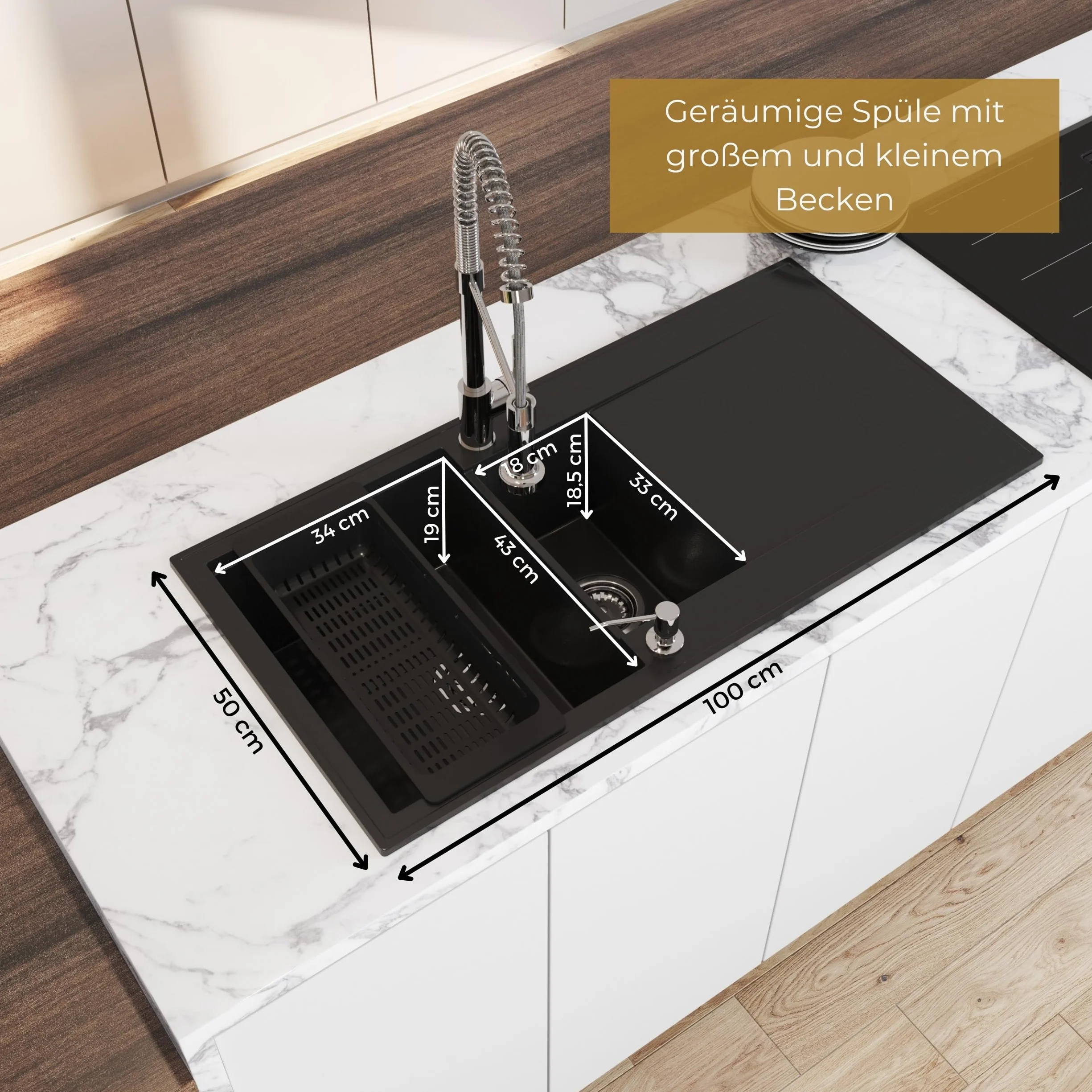 SINK QUALITY Spülbecken beige 100x50 cm, Granitspüle 1,5 Becken, Spüle mit Siphon und Imprägniermittel, Küchenspüle ab 60er Unterschrank
