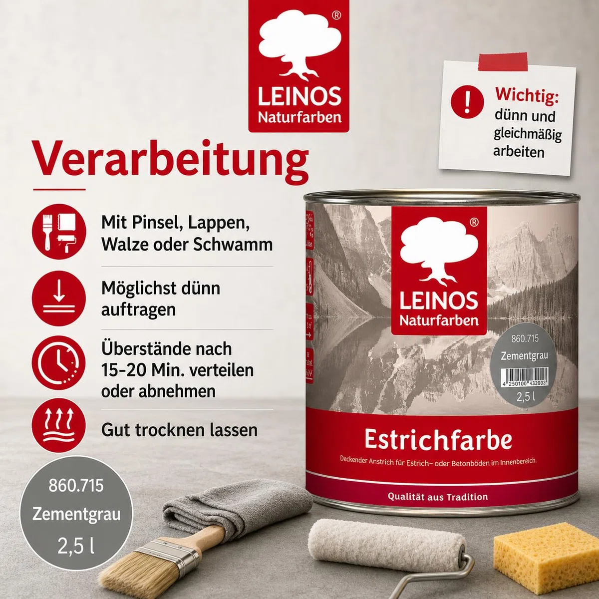Leinos Naturfarben Estrichfarbe 860 | 2,5 Liter | für innen | Schutz & Farbgebung für offenporige Estrich- & Betonflächen | abriebfest, wasserabweisend | Anthrazitgrau (2,5 Liter Zementgrau)