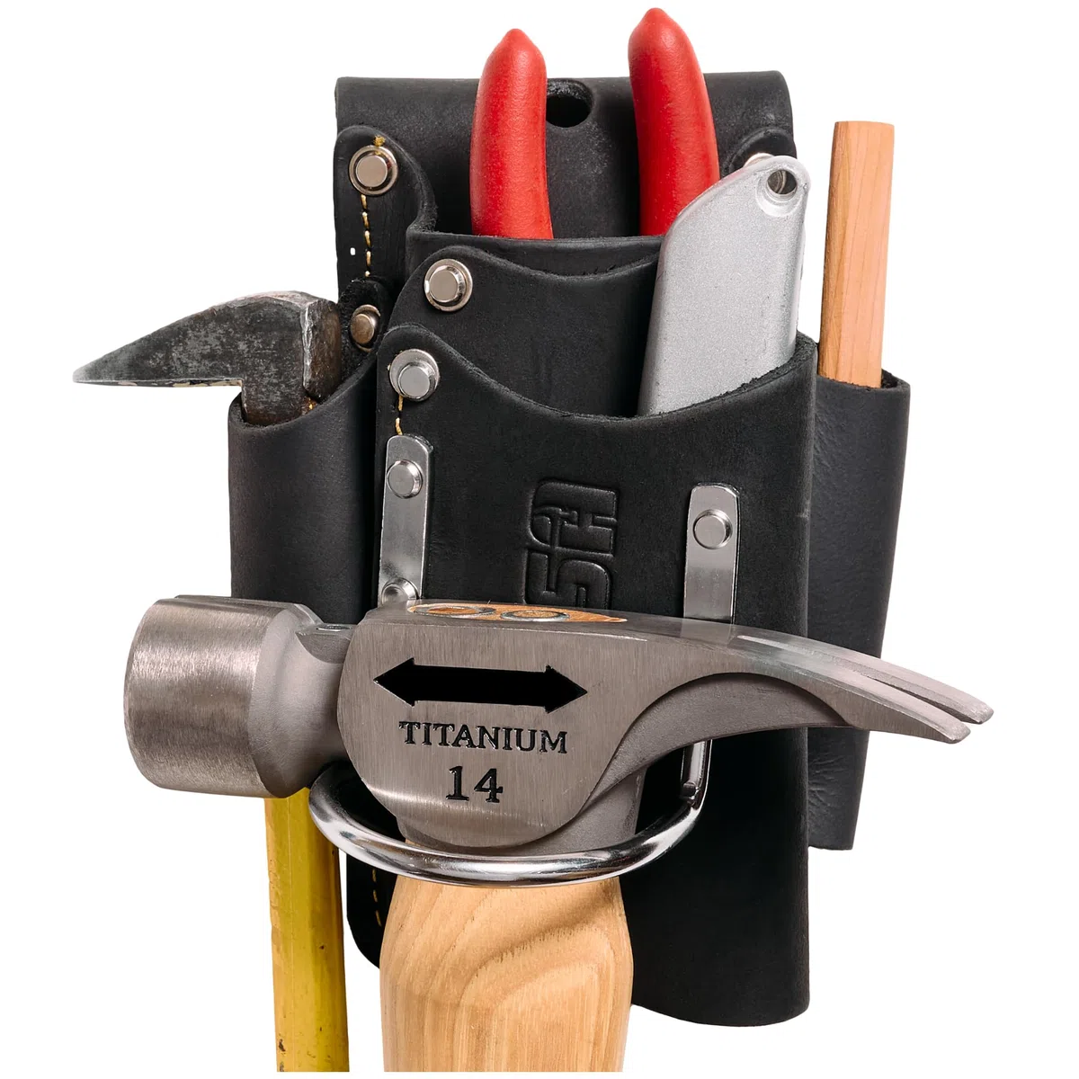 FESA Small Leather Tool Pouch 5-in-1 Heavy Top Grain Leather with Steel Hammer Loop 4 Pockets Reinforced Rivets Fits Belts up to 3'' Handcrafted
