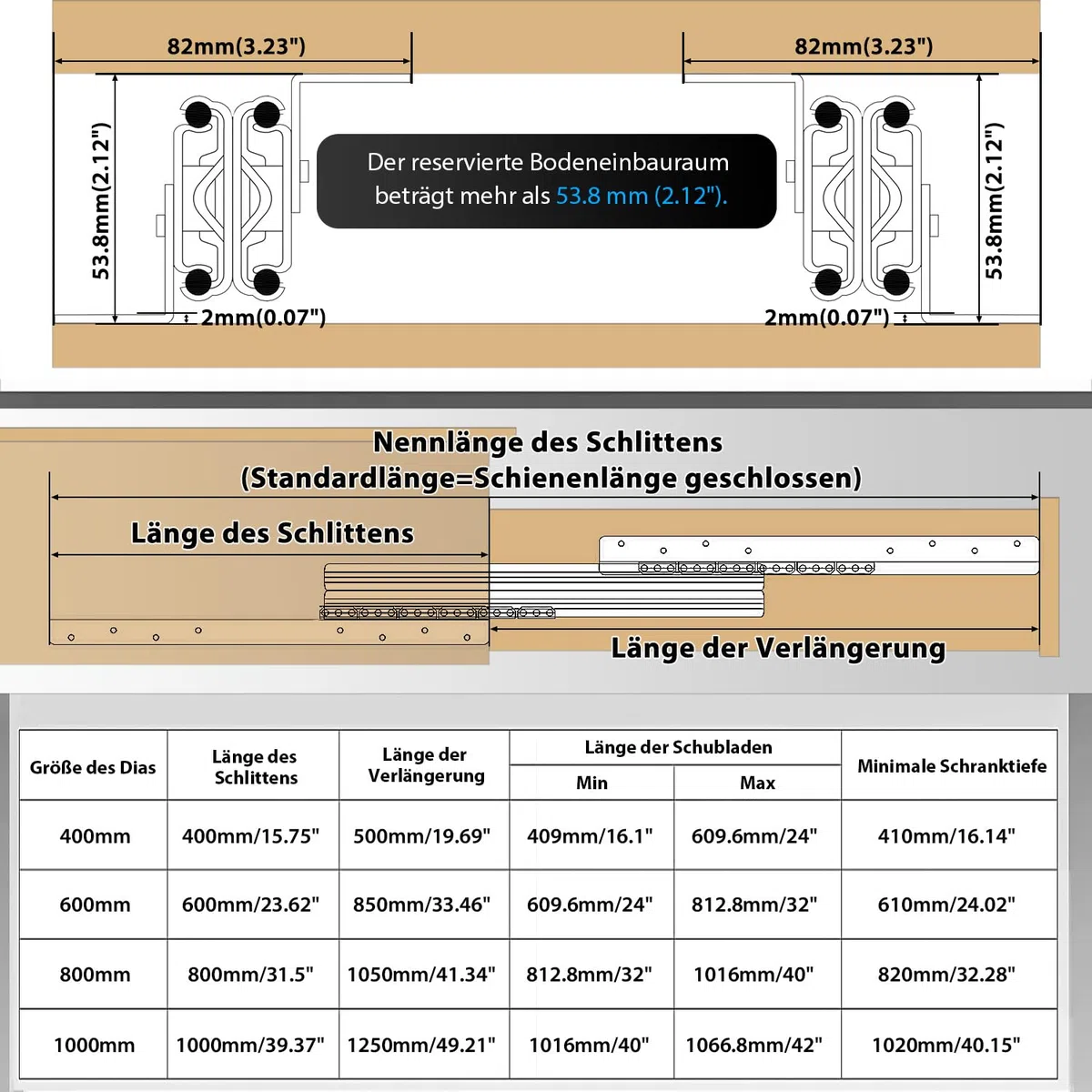 Unterseite Montage Schublade 2 Stück Schwerlastauszug Schubladenschienen Vollauszug 400 600 800 1000 mm Unter Unterseite Bodenmontage Schubladenauszug Schienensystem 120 kg (Bottom Mount, 400-900mm)