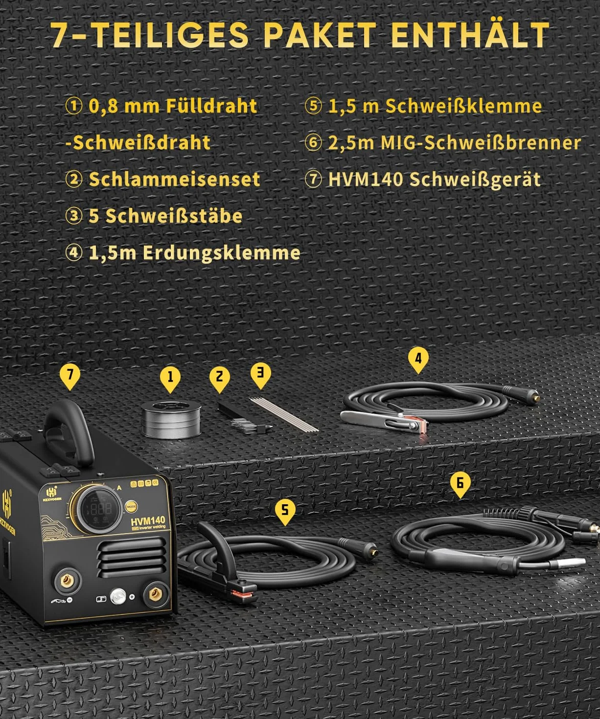 H HZXVOGEN 140A MIG-Schweißgerät, 230V Fülldraht-MIG/Lift-TIG/Elektroden-Schweißgerät 3 in 1 mit Synergic, IGBT Inverter Tragbares gasloses MIG-Schweißgerät MIG-Schweißgerät für Anfänger (HVM140)