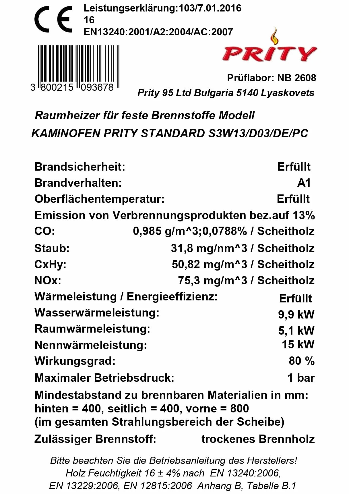 Holzofen für Zentralheizungssystem Prity S3 W13 mit Integralkessel