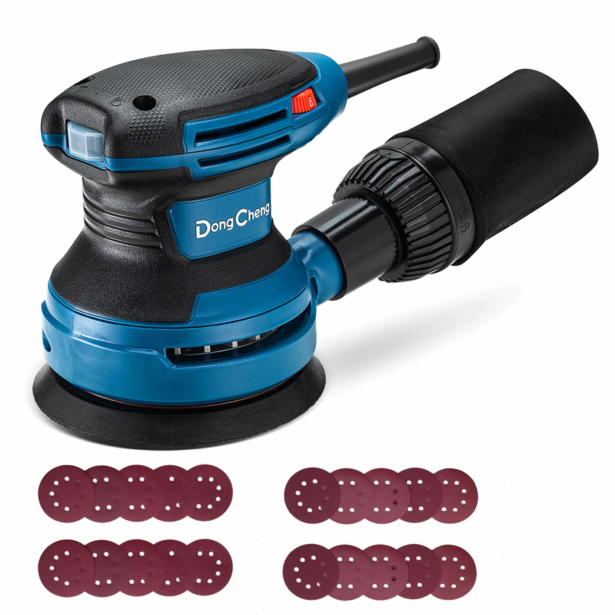 DongCheng Exzenterschleifer 380W, 125mm Schleifmaschine, 6-stufig 8.000-12.800 U/min, vibrationsarm, mit Staubfangbehälter & Staubsaugeranschluss, inkl. 20 Schleifblättern (versch. Körnungen) für Holz