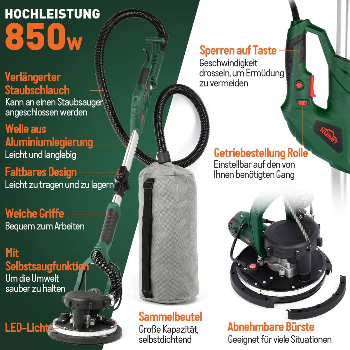 Trockenbauschleifer 850W, Wandschleifer mit 12 Schleifscheiben, 6 variable Geschwindigkeiten 800-1750 U/min, Elektroschleifer mit ausziehbarem Griff, LED-Licht, langem Staubschlauch