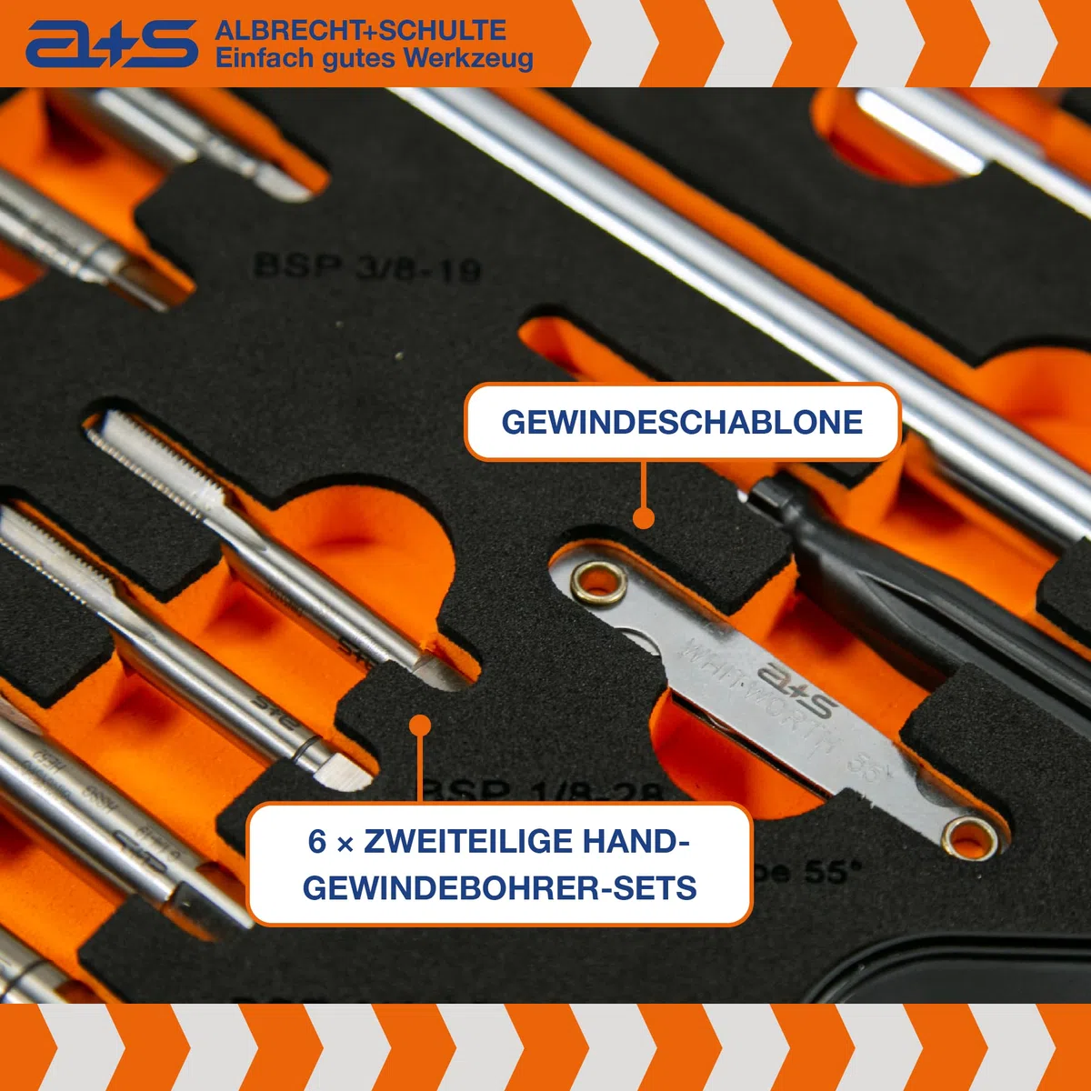 a+s HSS BSP G Rohrgewindeschneider Set | 1/8-1'', 27-tlg. | Gewindeschneider Set Zoll | Whitworth Rohrgewinde