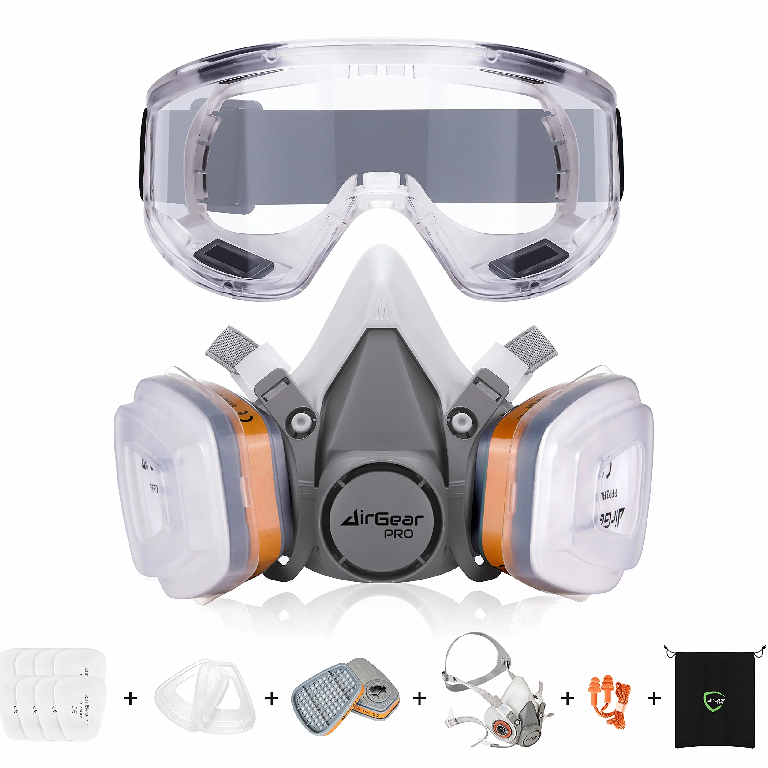 AirGearPro G-500 Atemschutzmaske mit A1P2 Filter, Gasmaske Staubfilter und Schutzbrille für Lackieren