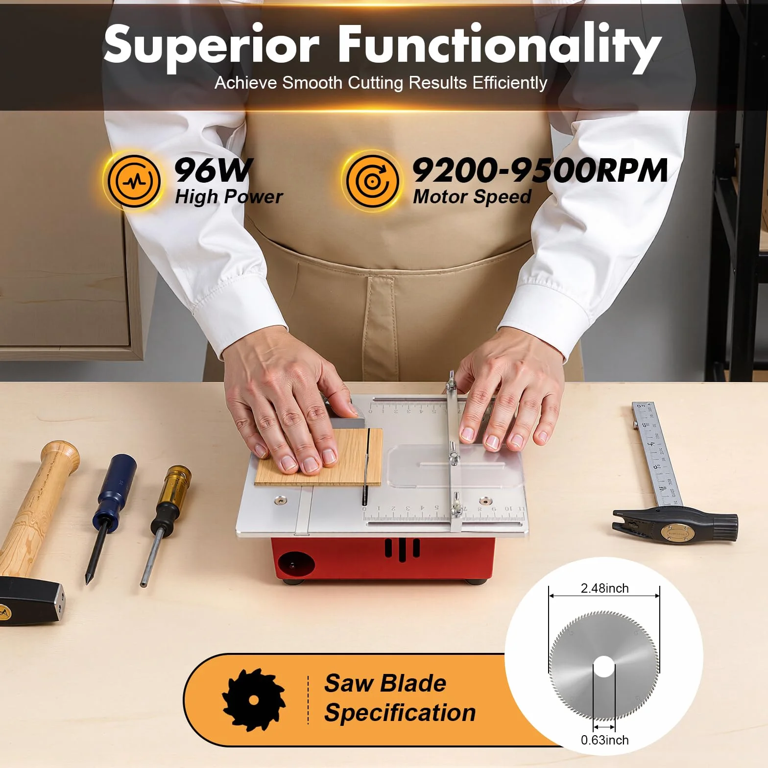 Mini Tischsäge, Tischkreissäge 96W, Präzisions Tischkreissäge, 9500RPM Einstellbarer Tischsäge, Kleine Multifunktionale Schneidemaschine, Elektrische Desktop Säge mit Staubrohr, für Holzbearbeitung