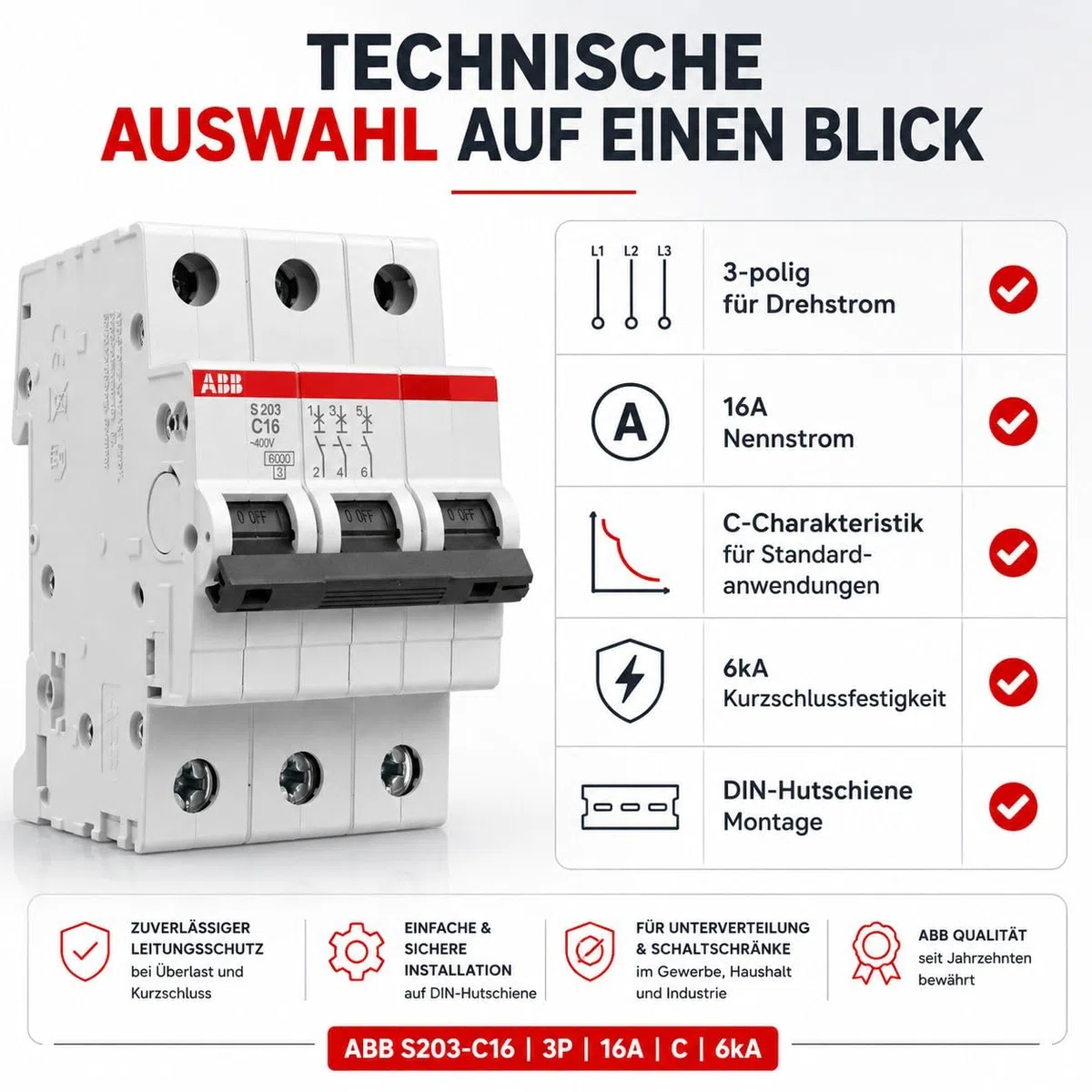 ABB S203-C16 Leitungsschutzschalter 3-polig 16A C-Charakteristik, Sicherungsautomat 6kA, LS-Schalter für Drehstrom & Hutschiene, System pro M compact Leitungsschutzschalter 3P