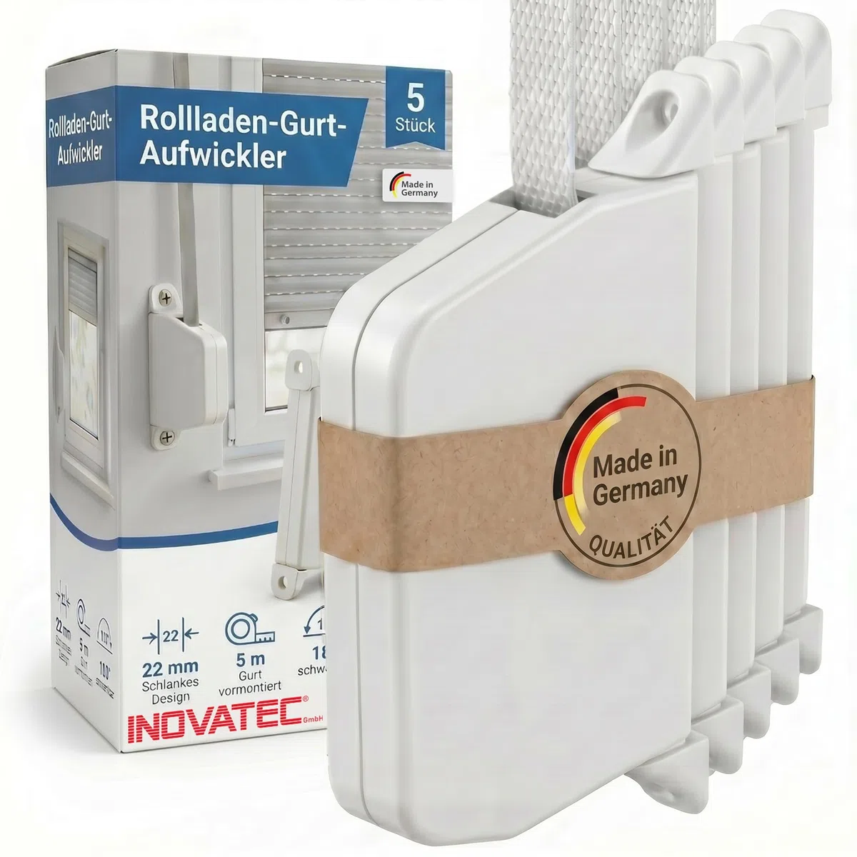INOVATEC Rollladen Gurtwickler Aufputz Mini inkl. 5m Gurtband – Aufschraubwickler 180° schwenkbar – Einfache Montage für Rolllade, Fenster & Jalousie – Weiß – 5 Stück