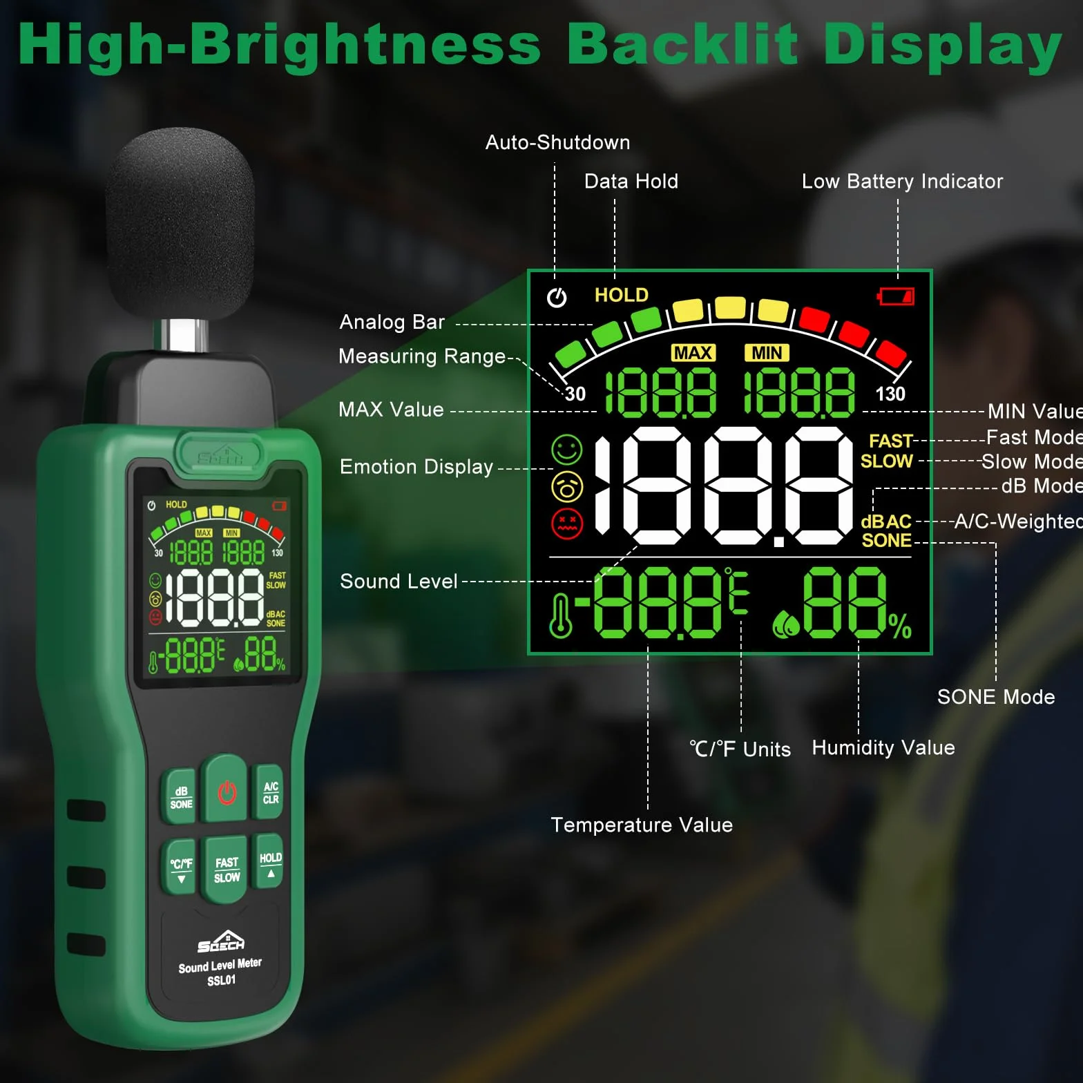 Dezibel Messgerät, SQECH Schallpegelmessgerät mit Temperatur und Feuchtigkeit Schallpegelmesser mit Farbigem Hintergrundlichtdisplay A/C Bewertung dB/SONE Einheit Schnelle/Langsame Reaktion 30–130dB
